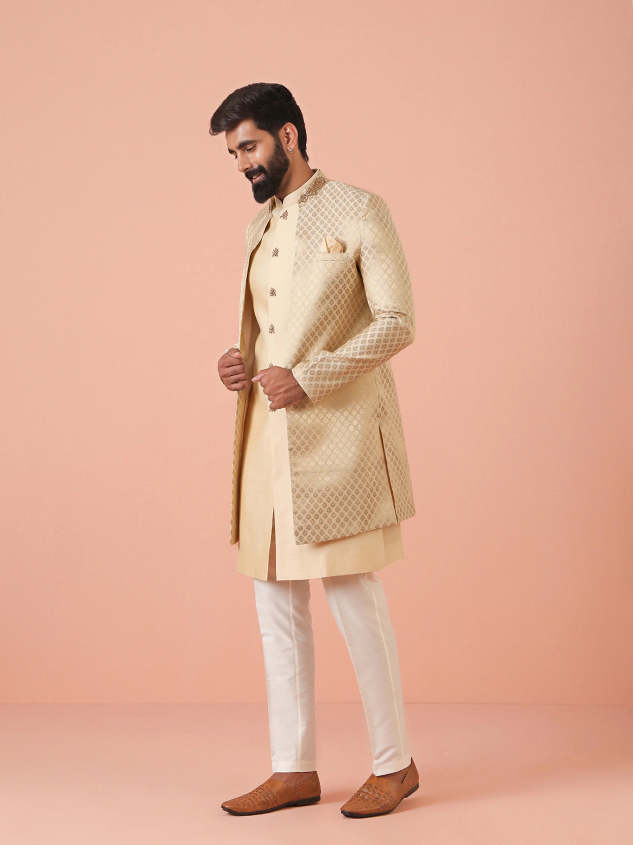 Gold Silk Blend Textured Sherwani Trouser Set - Image 2