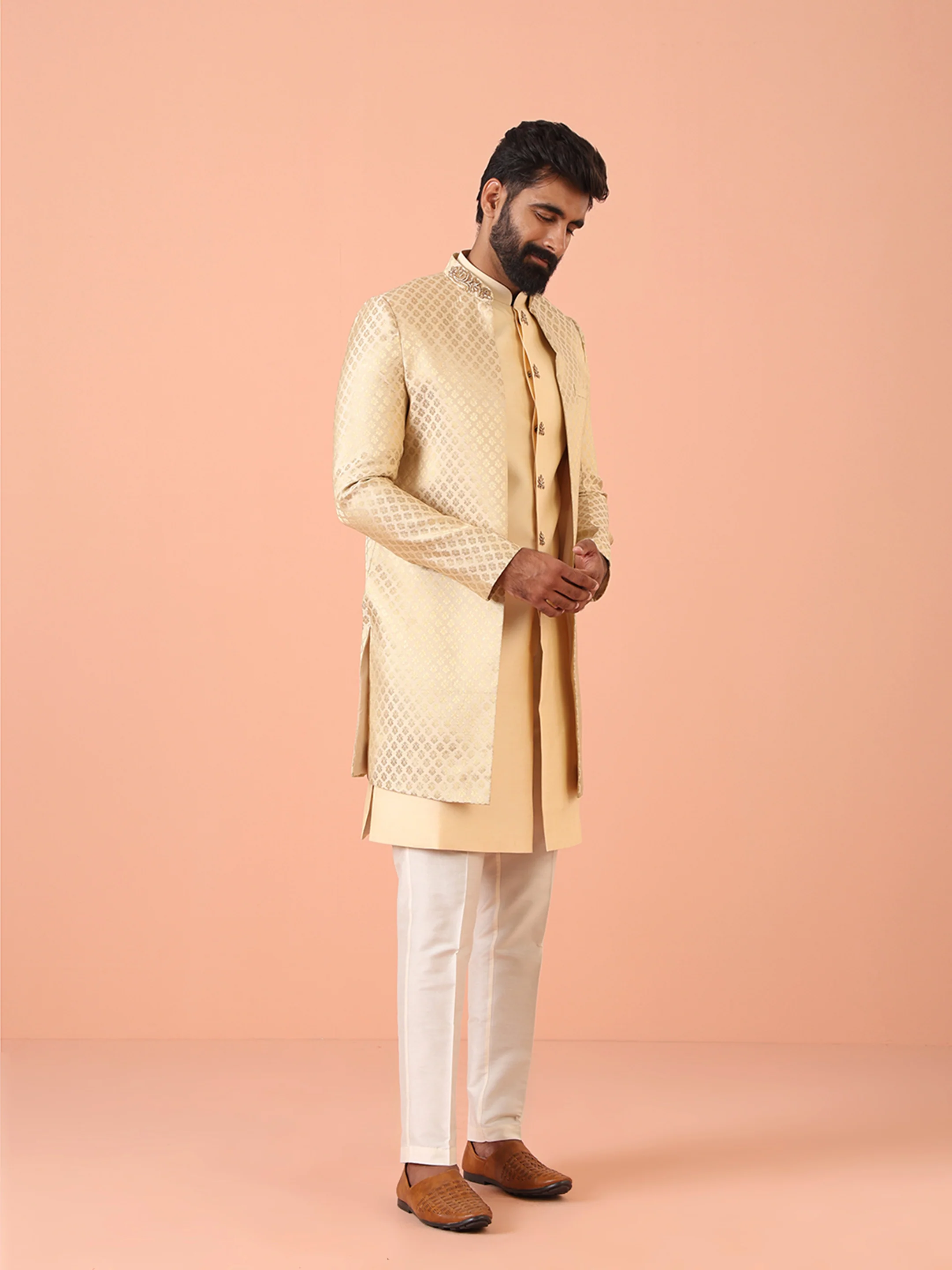 Gold Silk Blend Textured Sherwani Trouser Set - Image 3