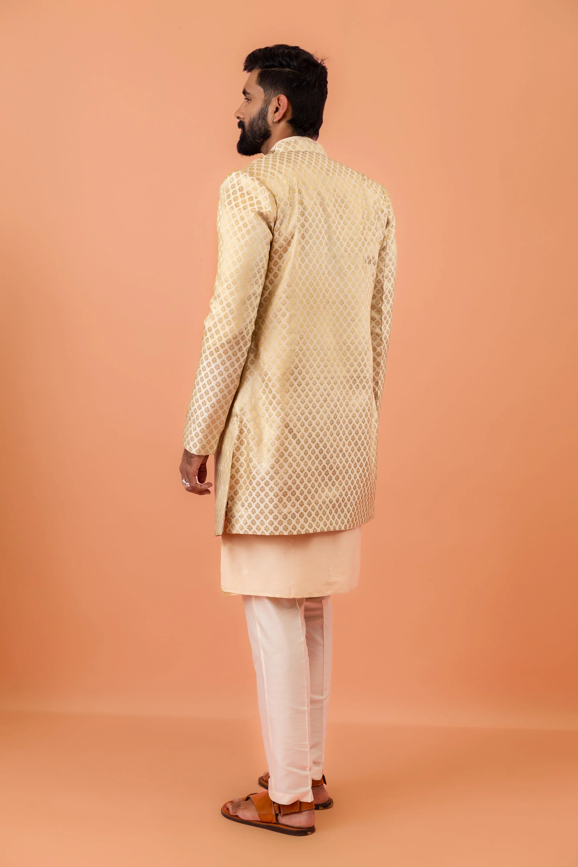 Gold Silk Blend Textured Sherwani Trouser Set - Image 4