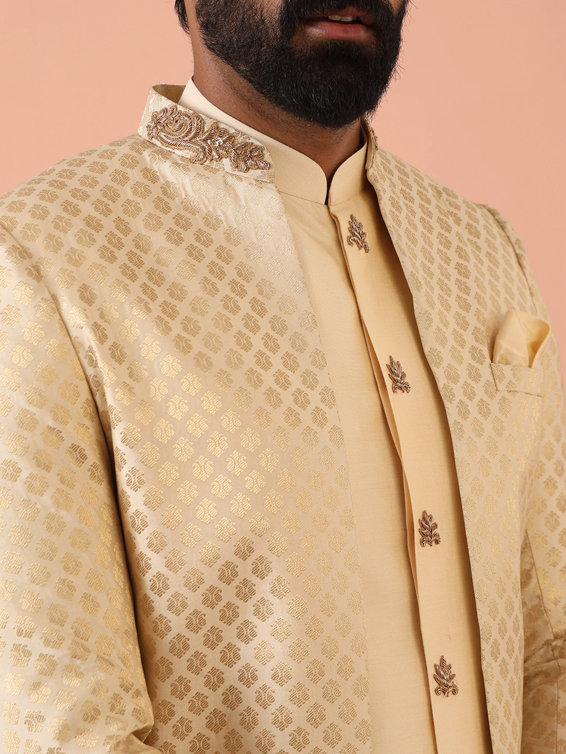 Gold Silk Blend Textured Sherwani Trouser Set - Image 5