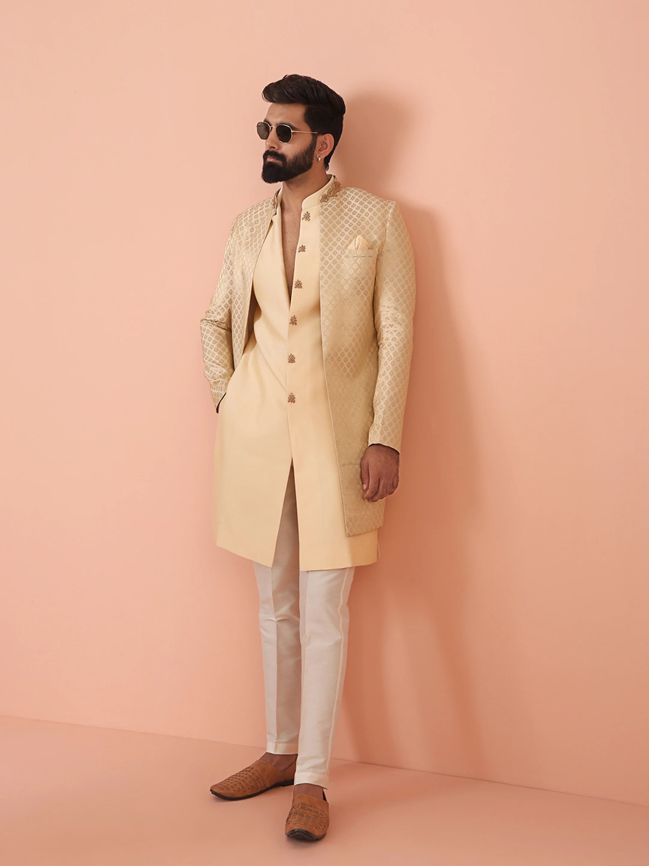 Gold Silk Blend Textured Sherwani Trouser Set - Image 8