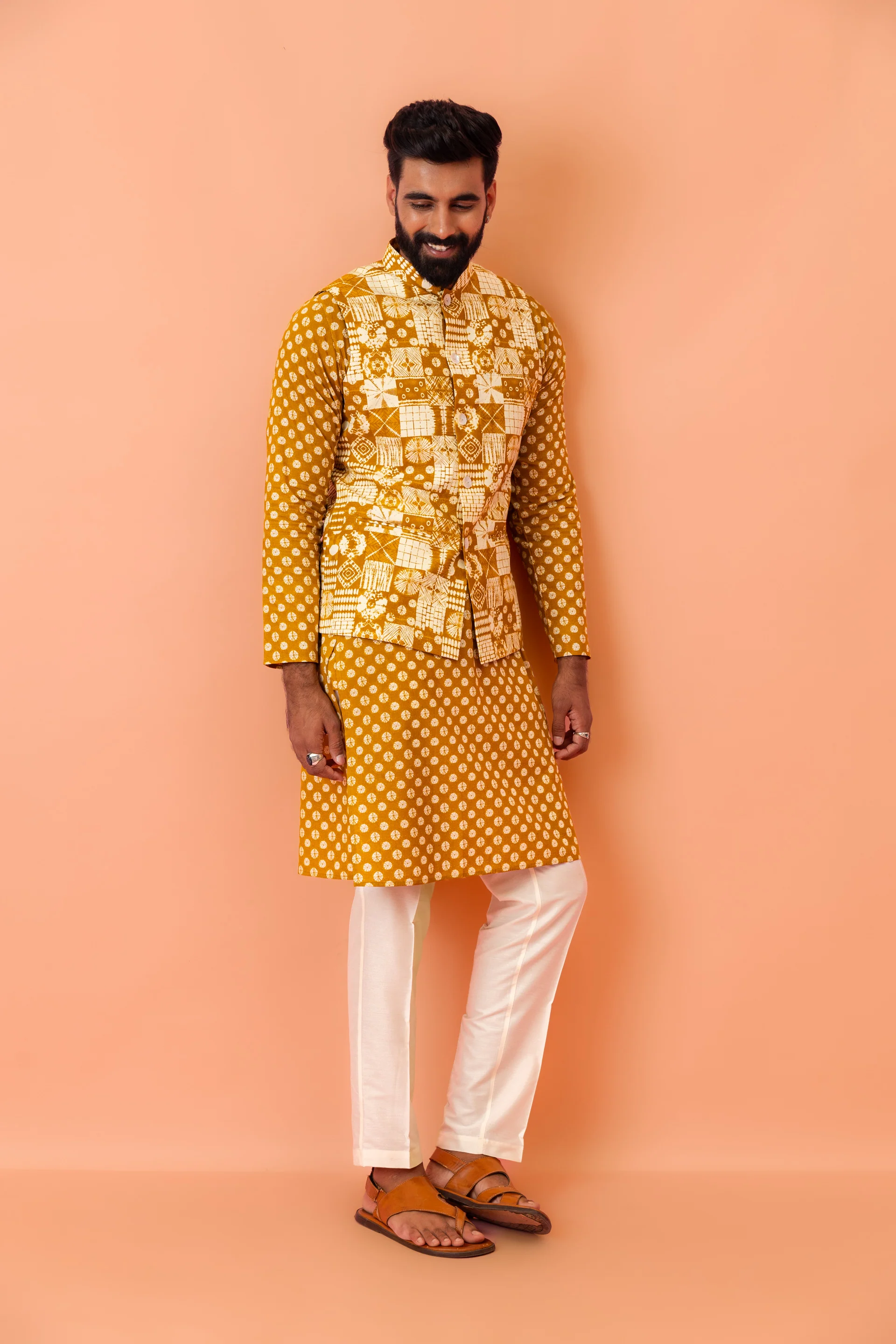 Men Mustard Printed Nehru Jacket - Image 2