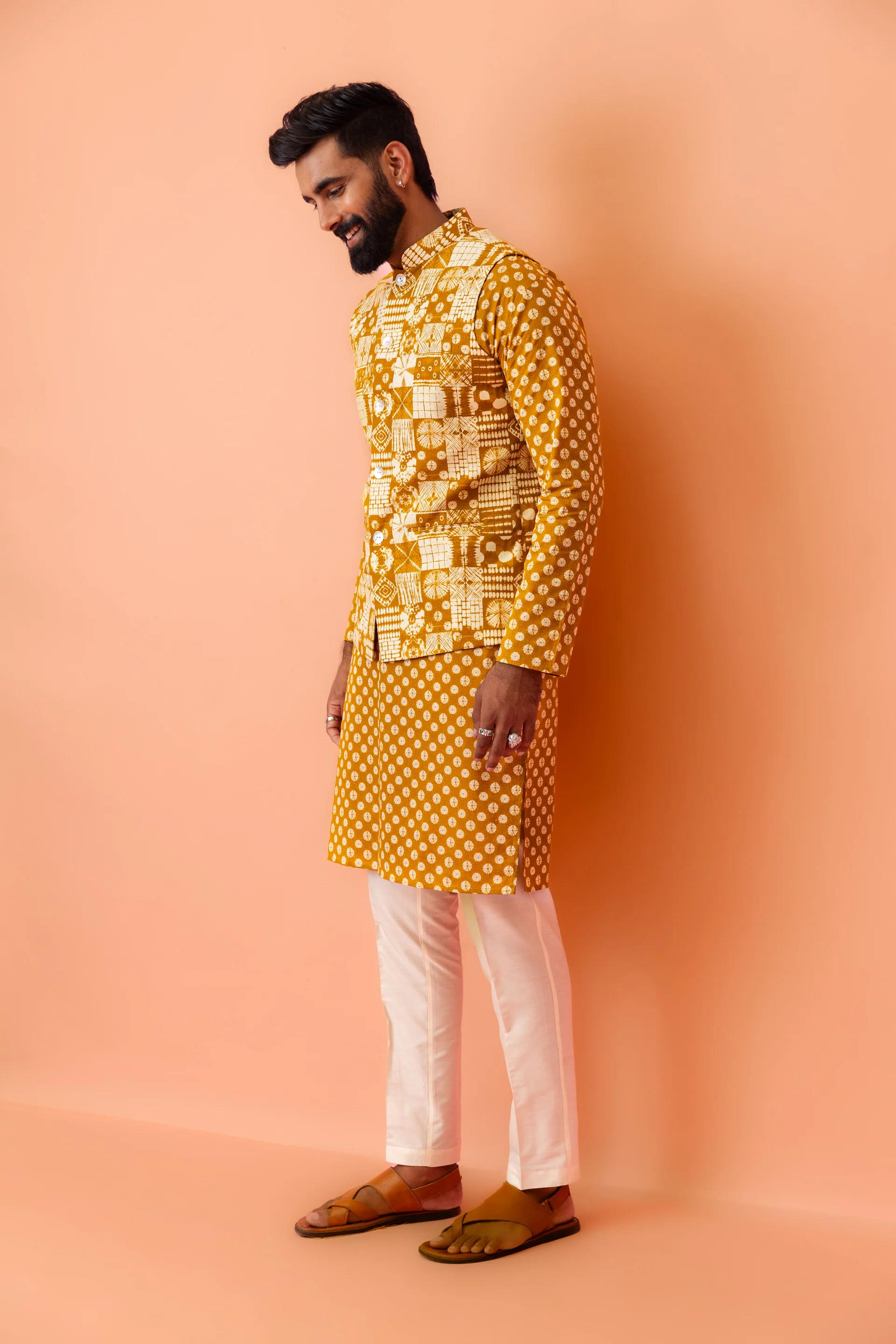 Men Mustard Printed Nehru Jacket - Image 3
