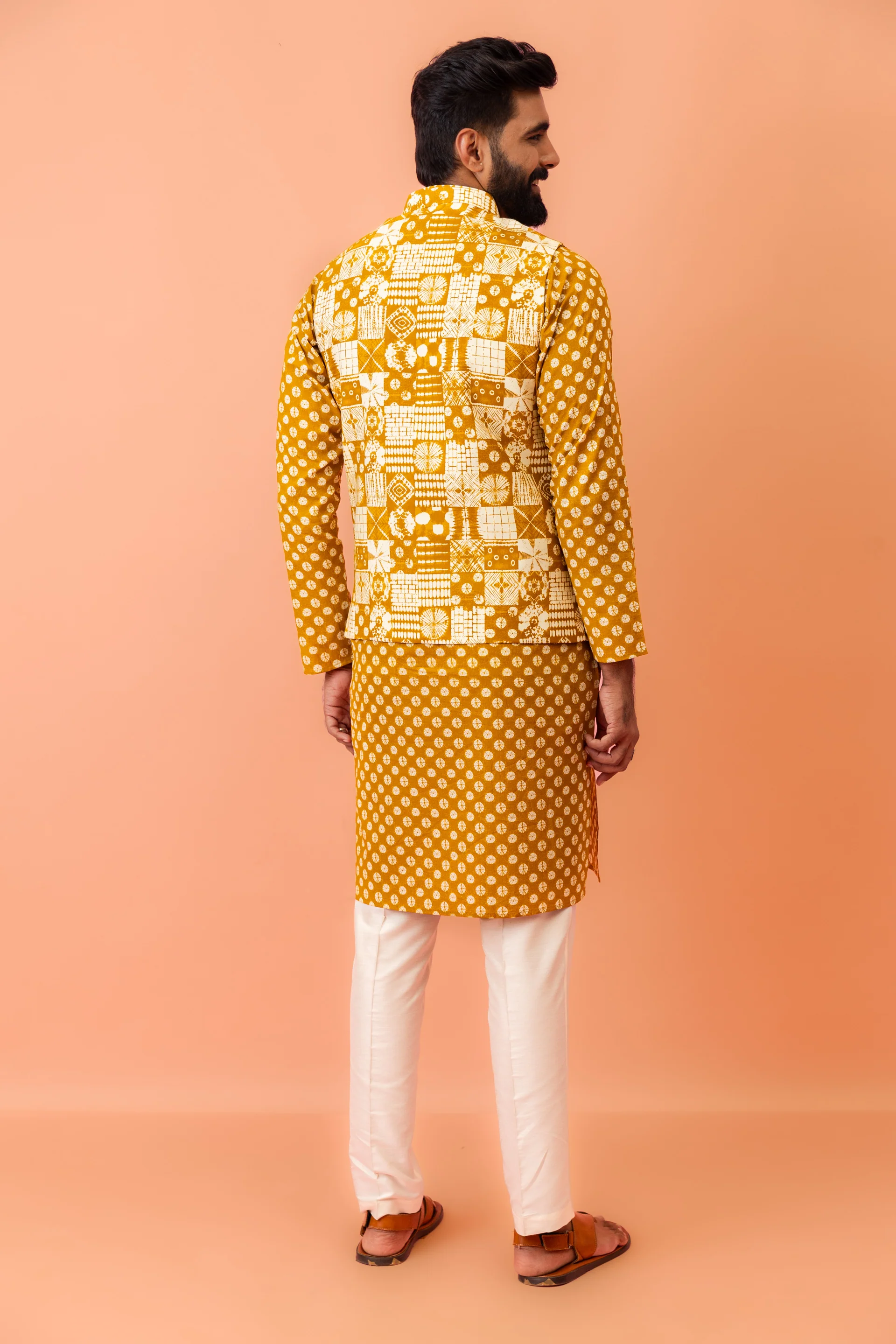 Men Mustard Printed Nehru Jacket - Image 4