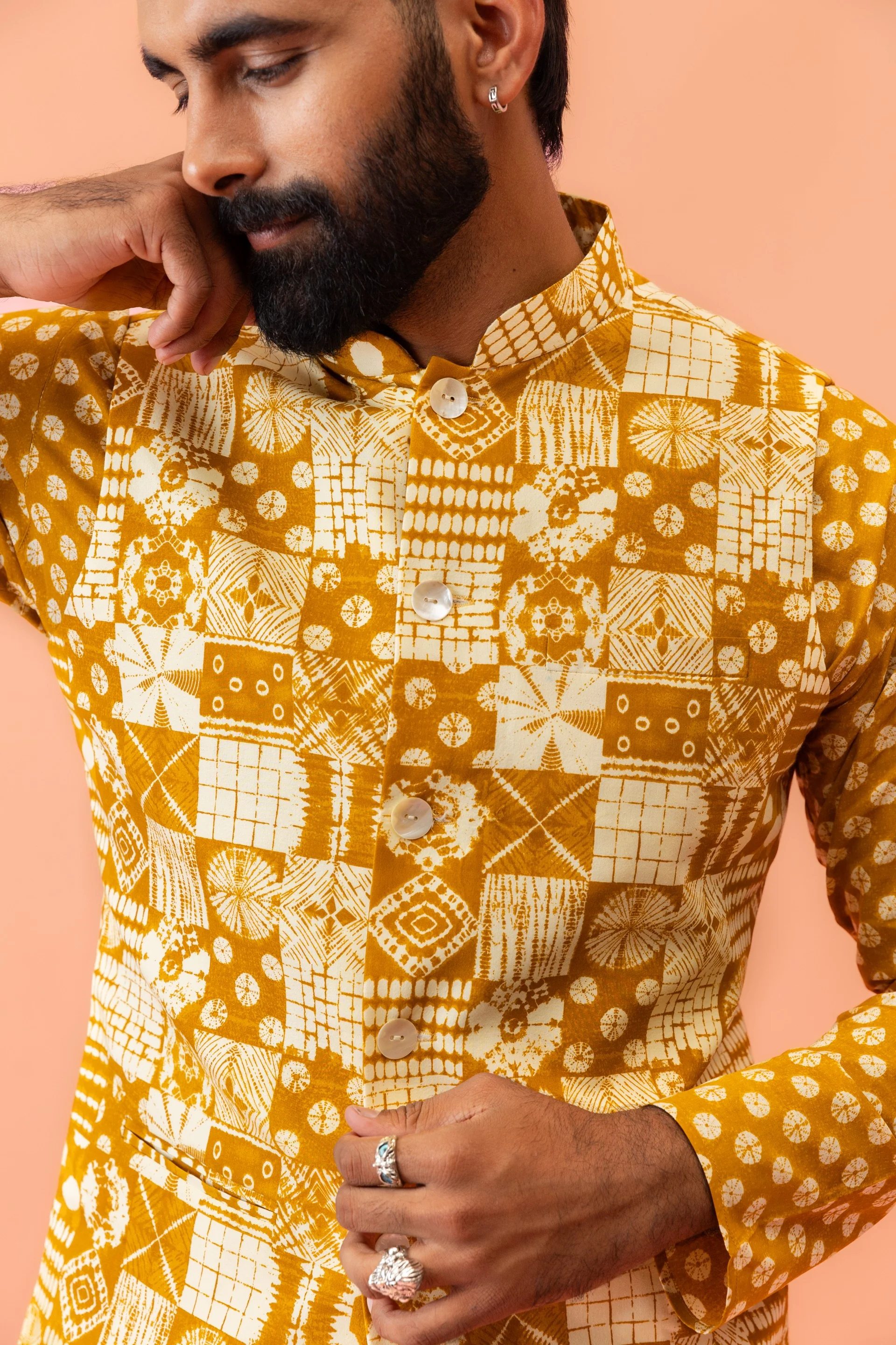 Men Mustard Printed Nehru Jacket - Image 5