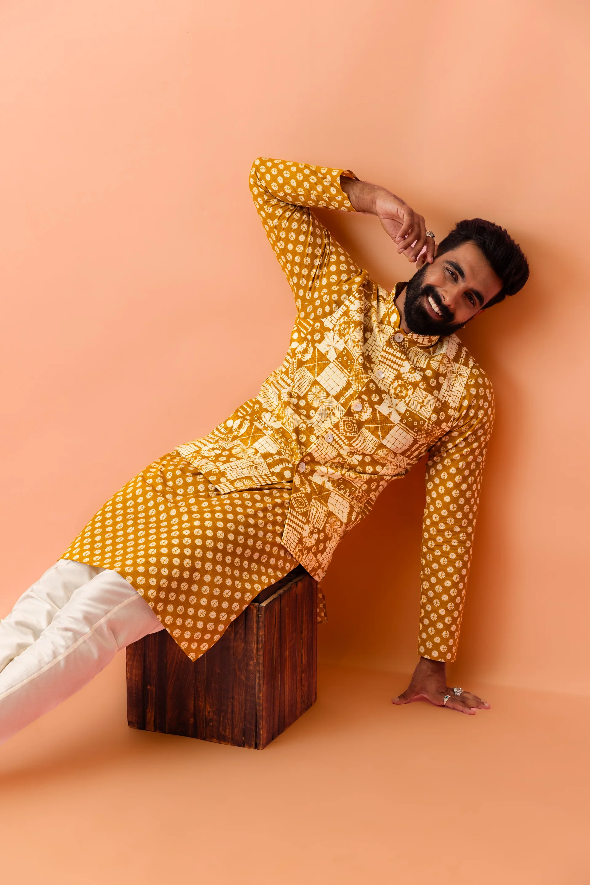 Men Mustard Printed Nehru Jacket - Image 6