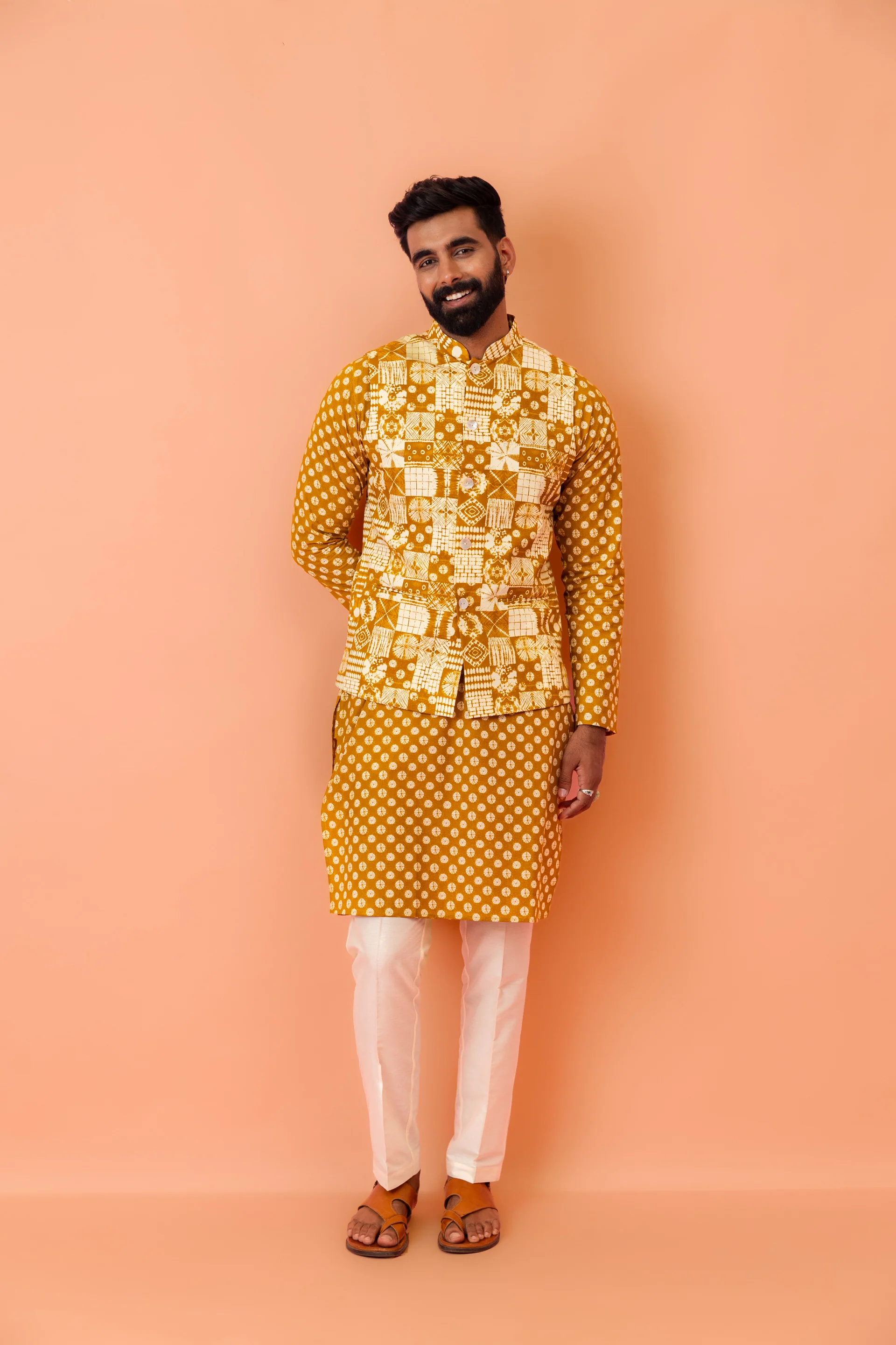 Men Mustard Printed Nehru Jacket - Image 7