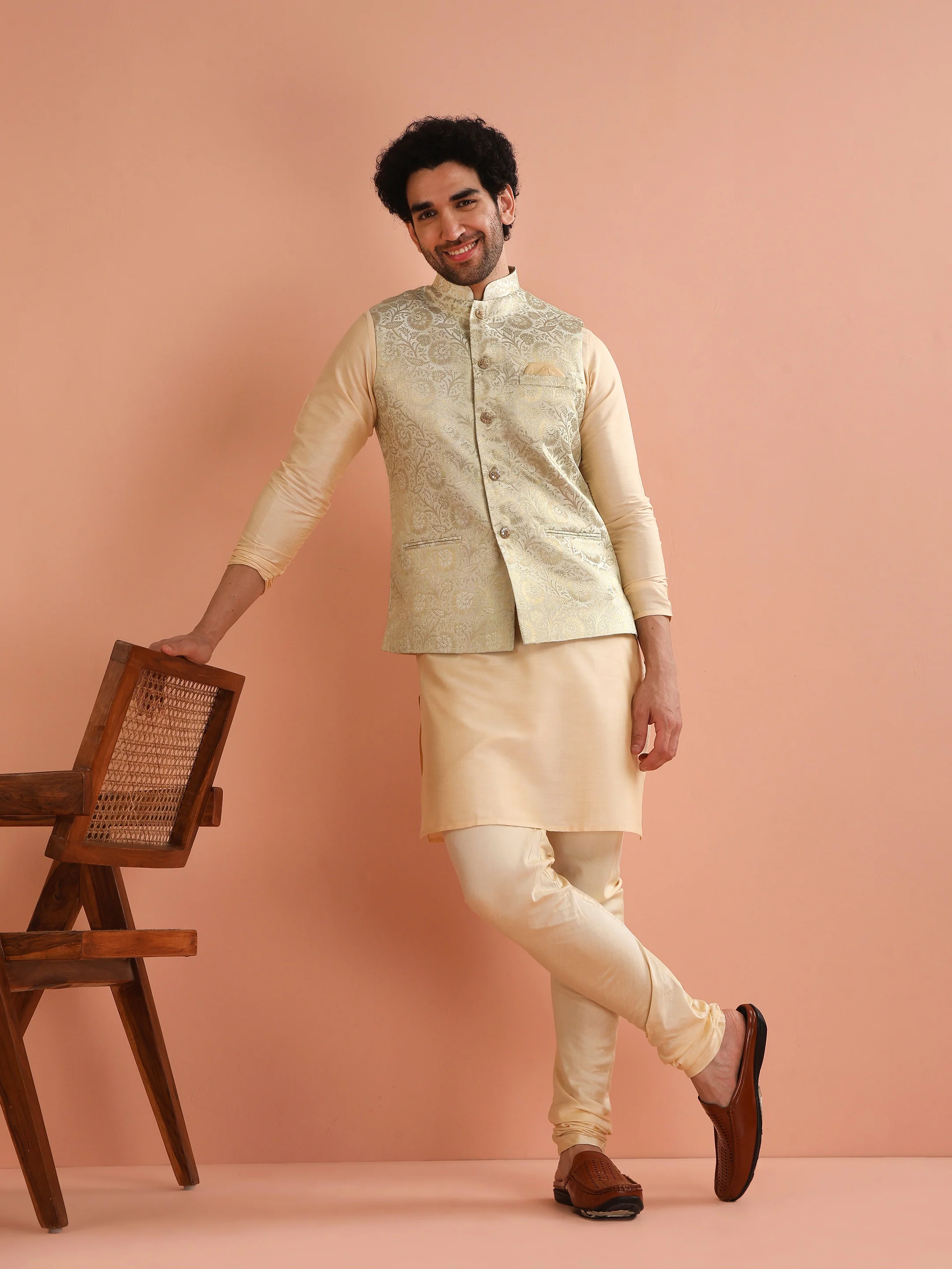 Men Cream Jacquard Jacket with Floral - Image 7