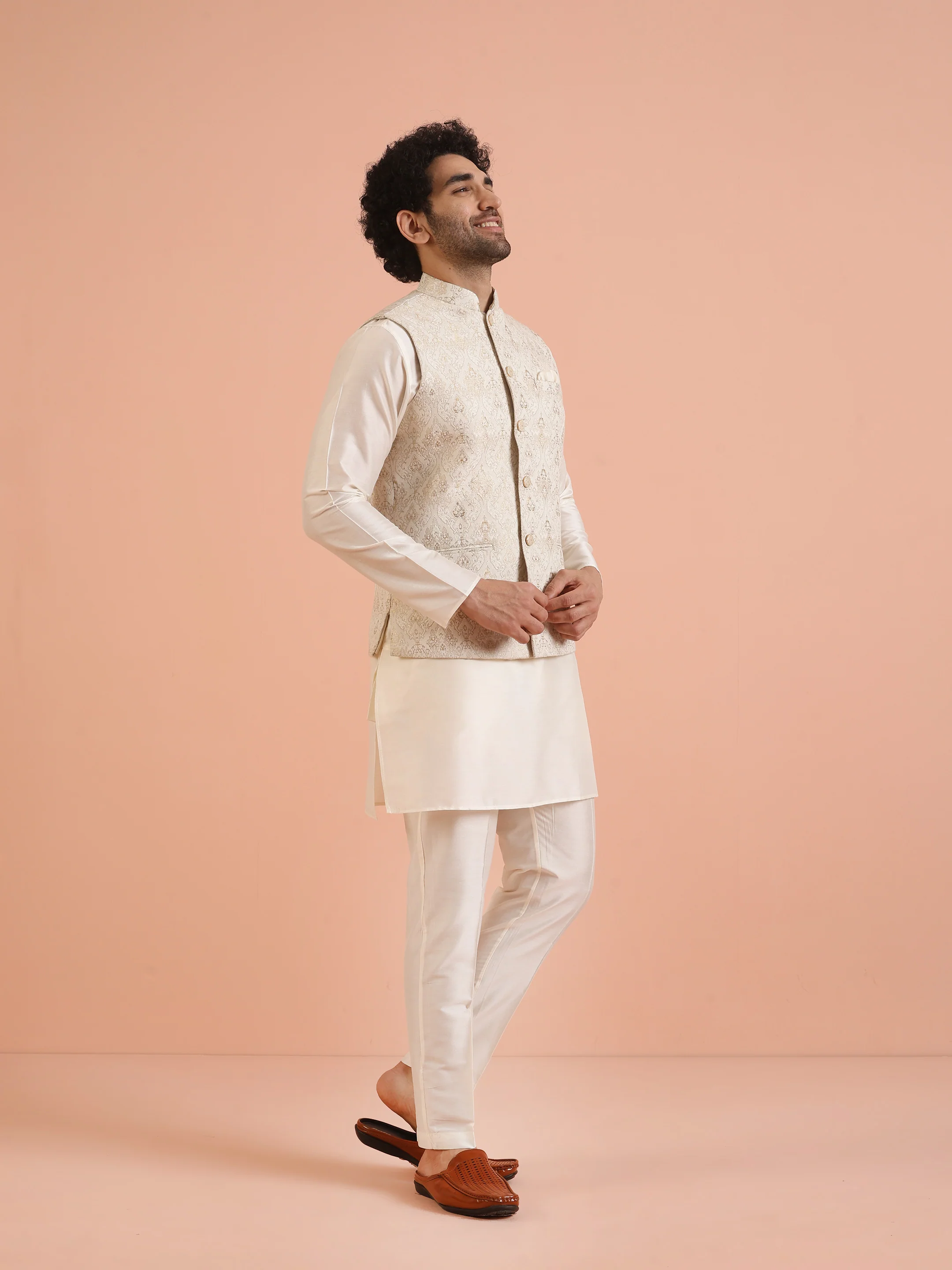Cream Silk Blend Brocade Nehru Jacket - Image 2