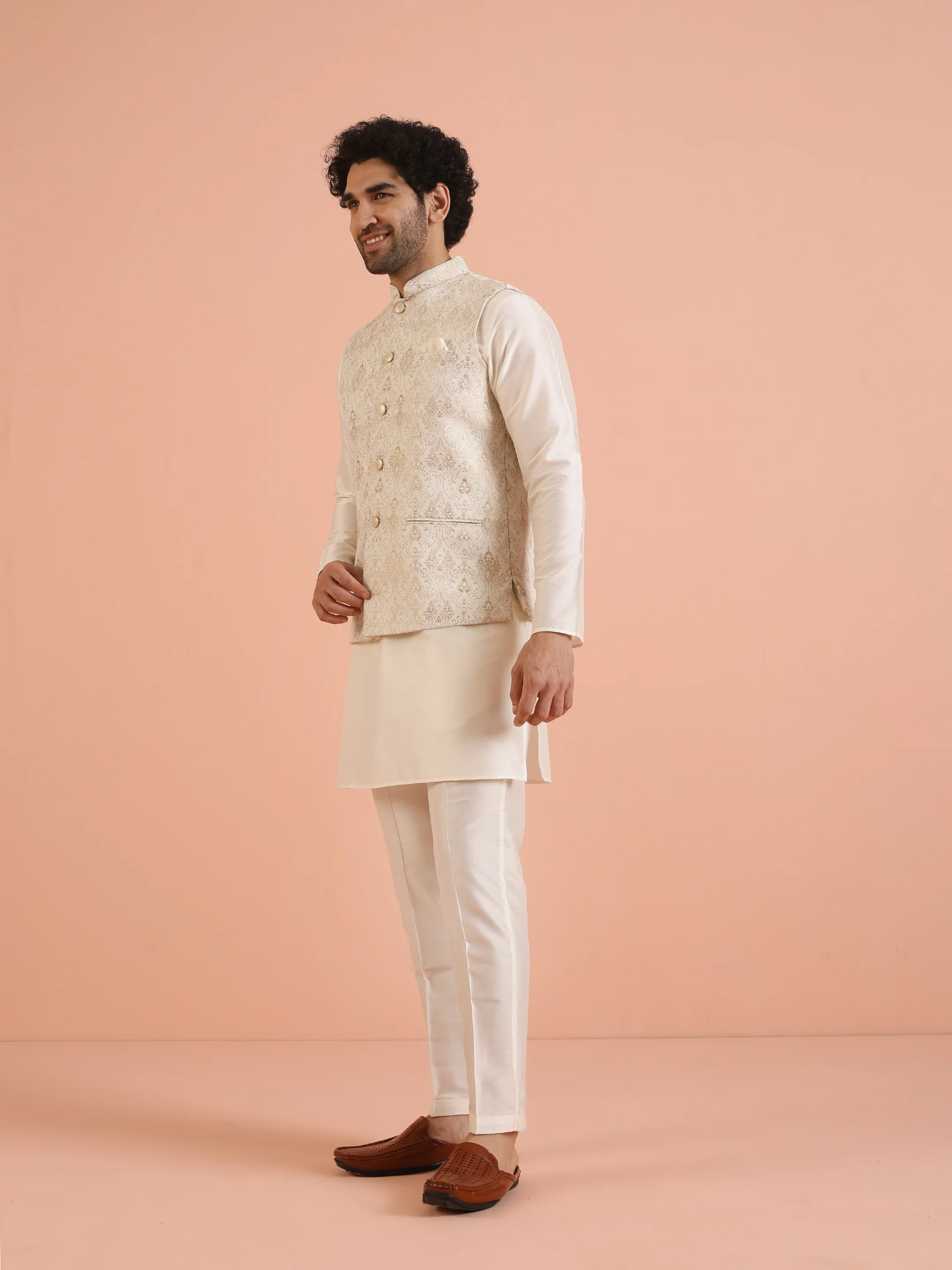 Cream Silk Blend Brocade Nehru Jacket - Image 3