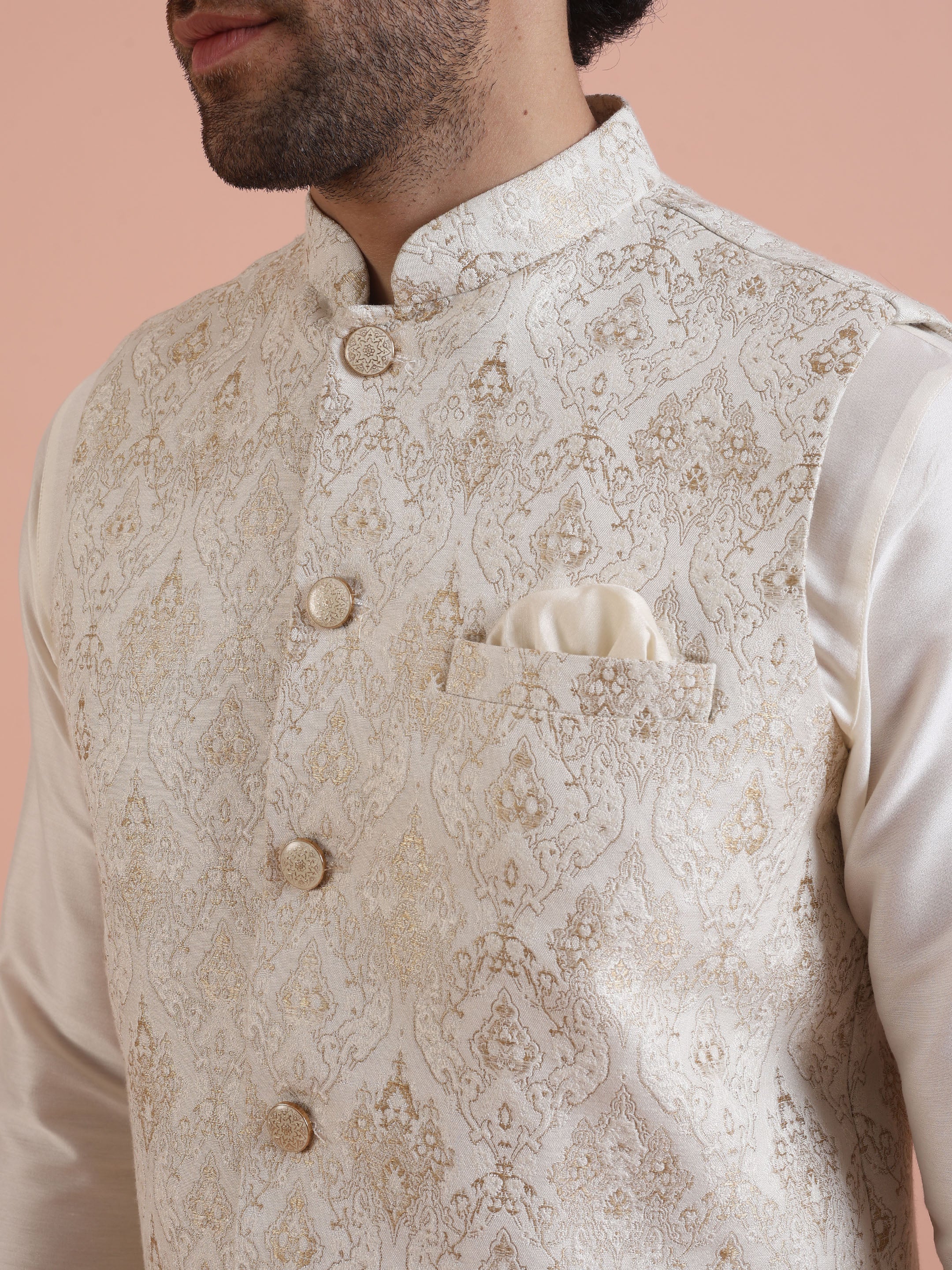 Cream Silk Blend Brocade Nehru Jacket - Image 5