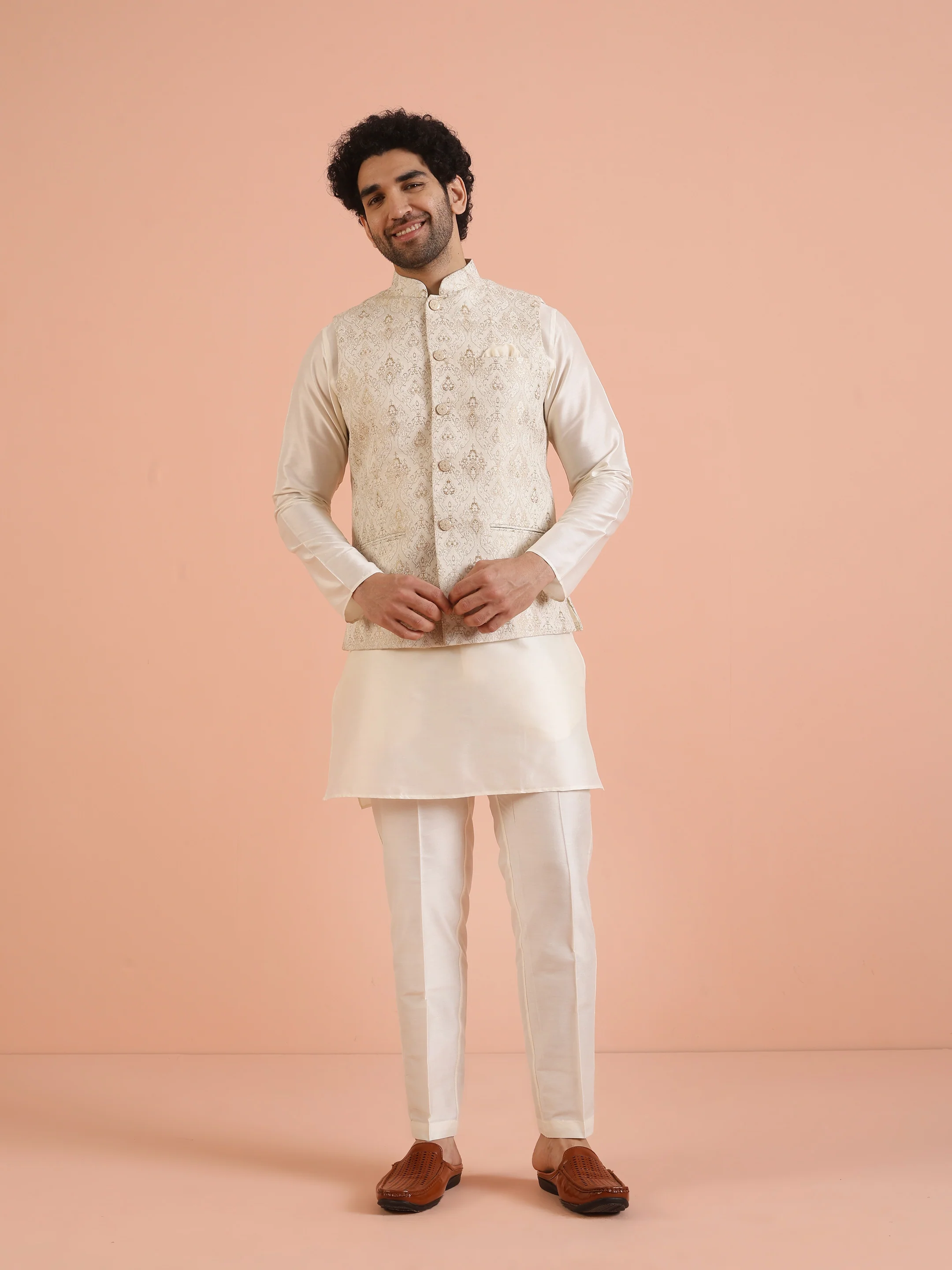Cream Silk Blend Brocade Nehru Jacket - Image 6