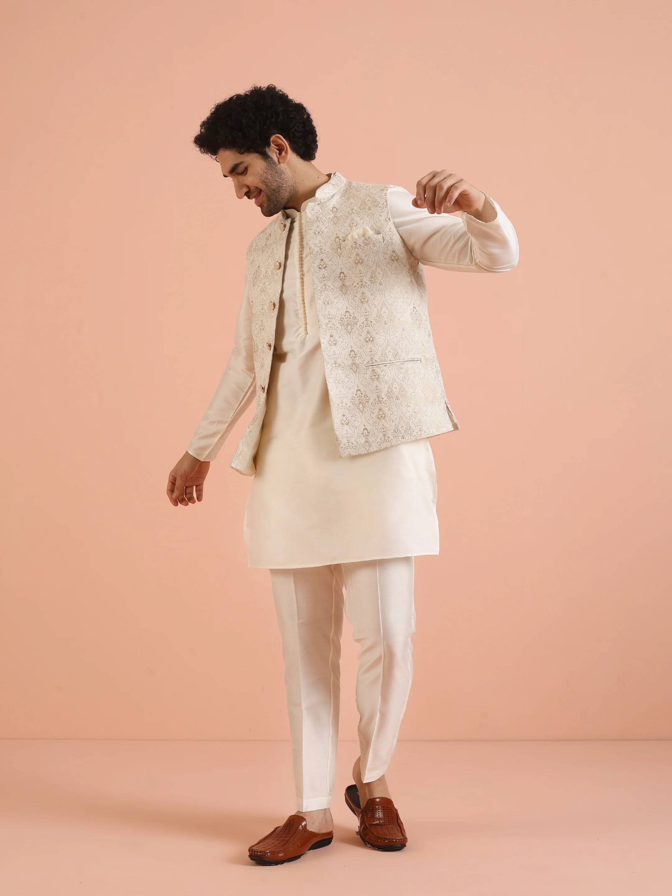 Cream Silk Blend Brocade Nehru Jacket - Image 7