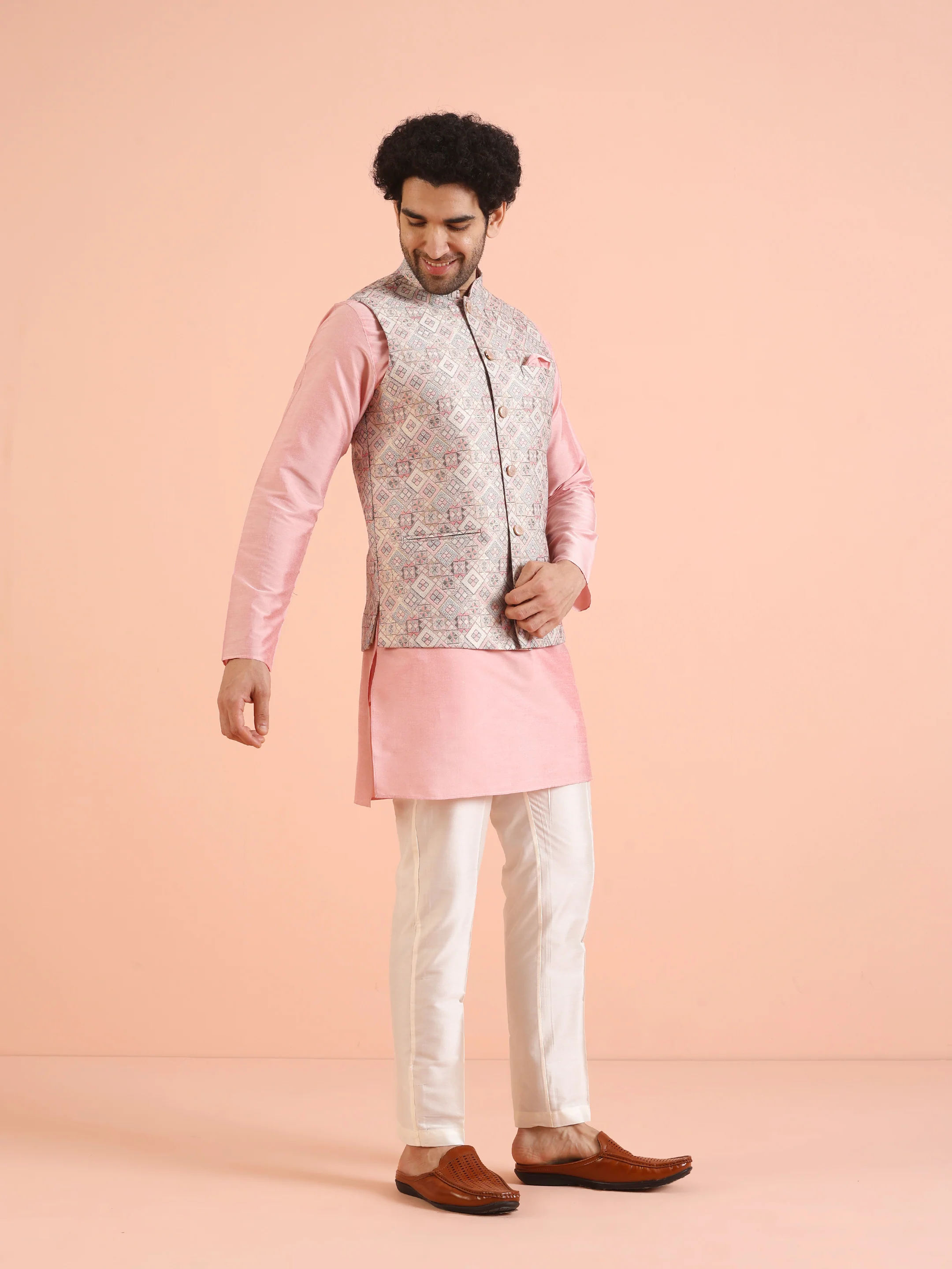Men Multi Jacquard Geometric Nehru Jacket - Image 2