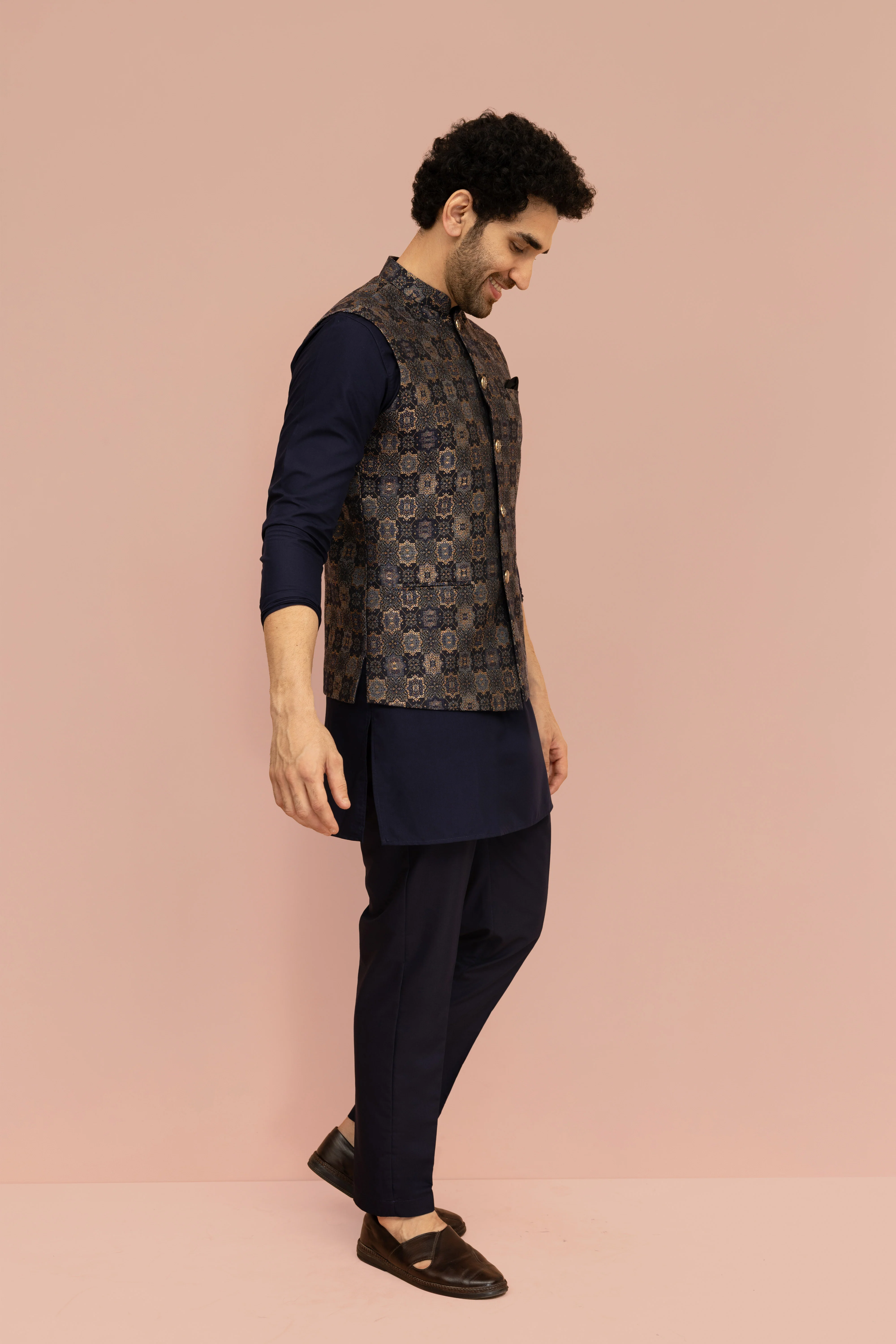 Men Navy Blue Jacquard Geometric Jacket - Image 3