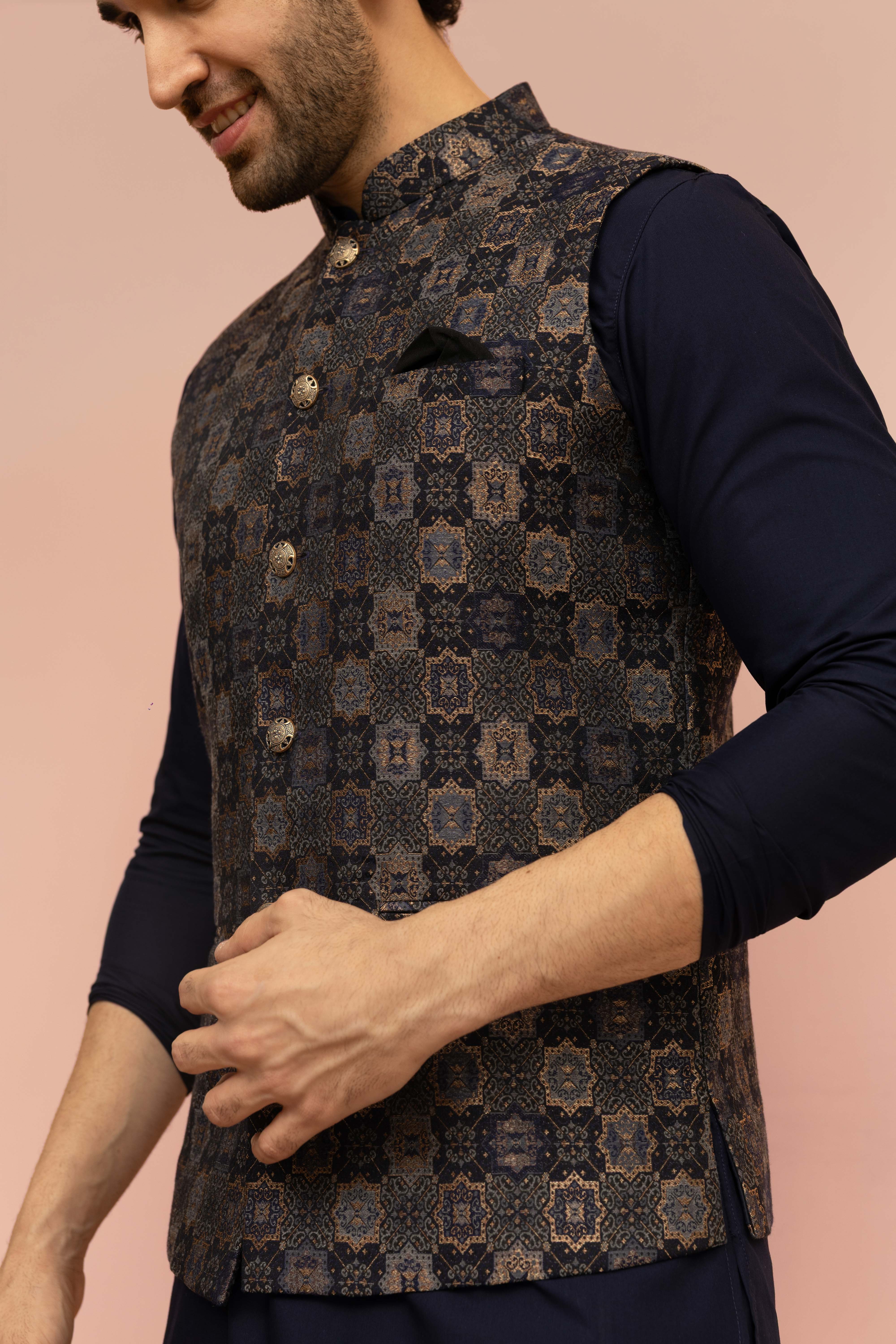 Men Navy Blue Jacquard Geometric Jacket - Image 5