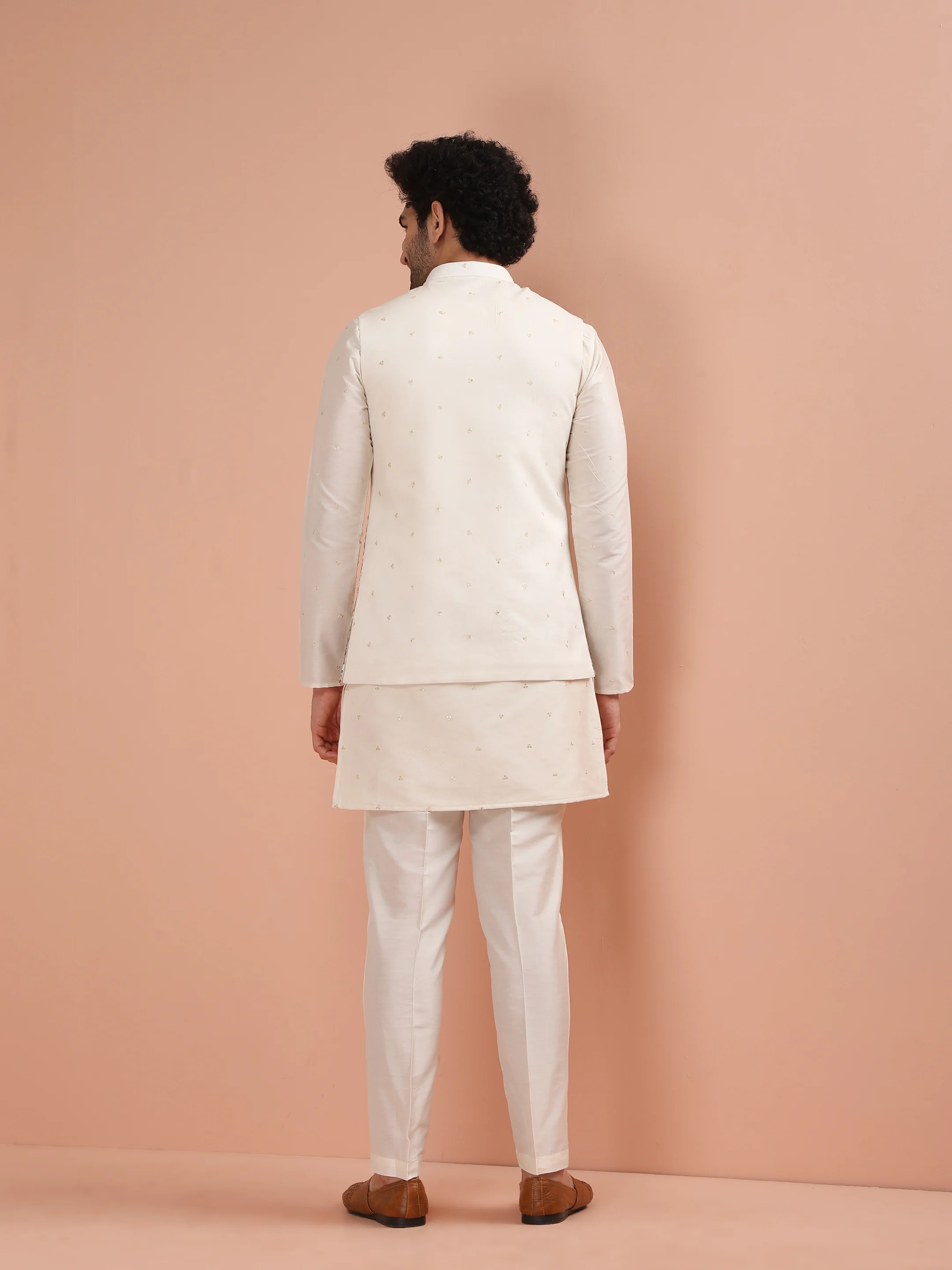 Cream Floral Embroidered Nehru Jacket - Image 4