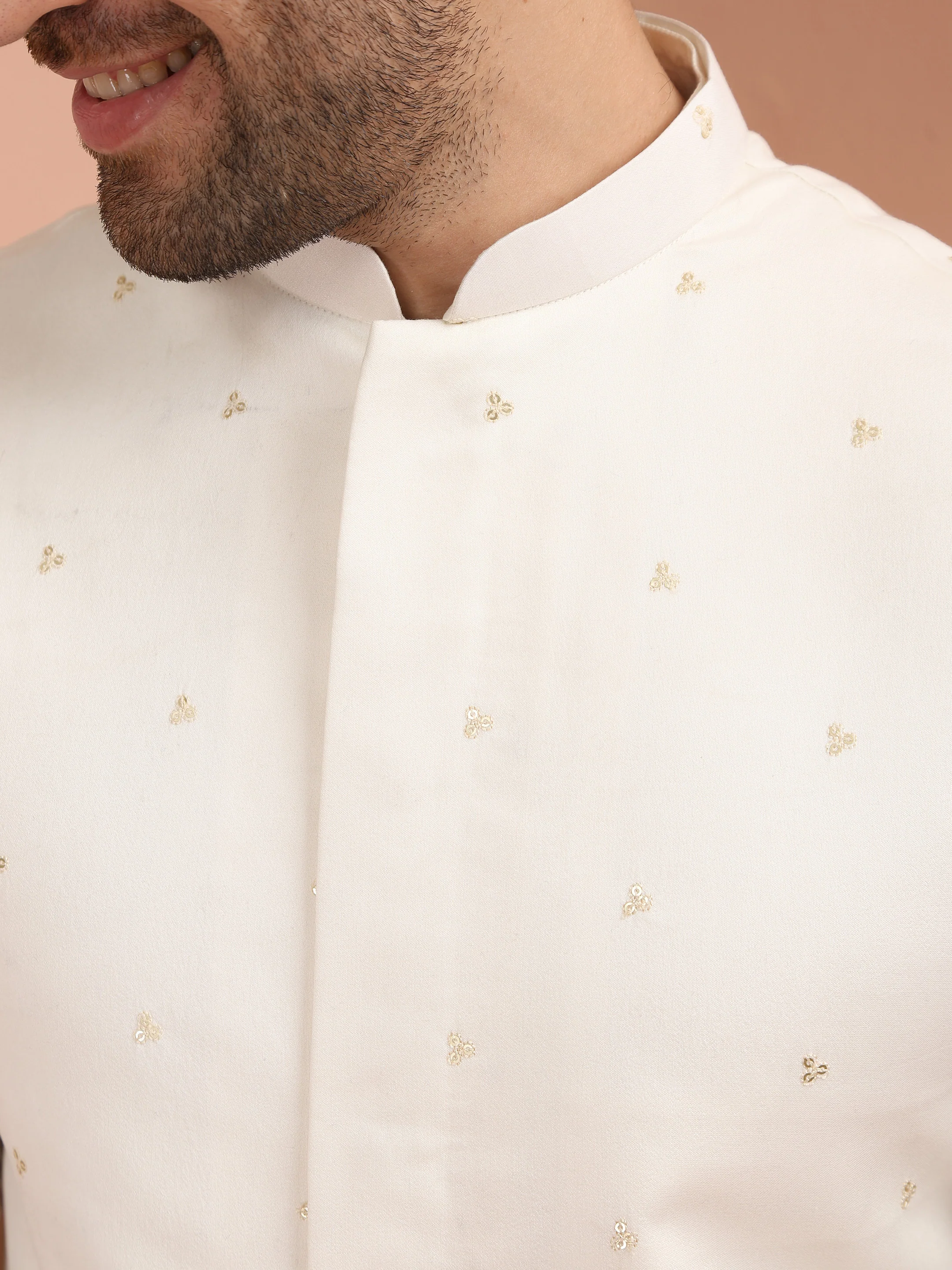 Cream Floral Embroidered Nehru Jacket - Image 5
