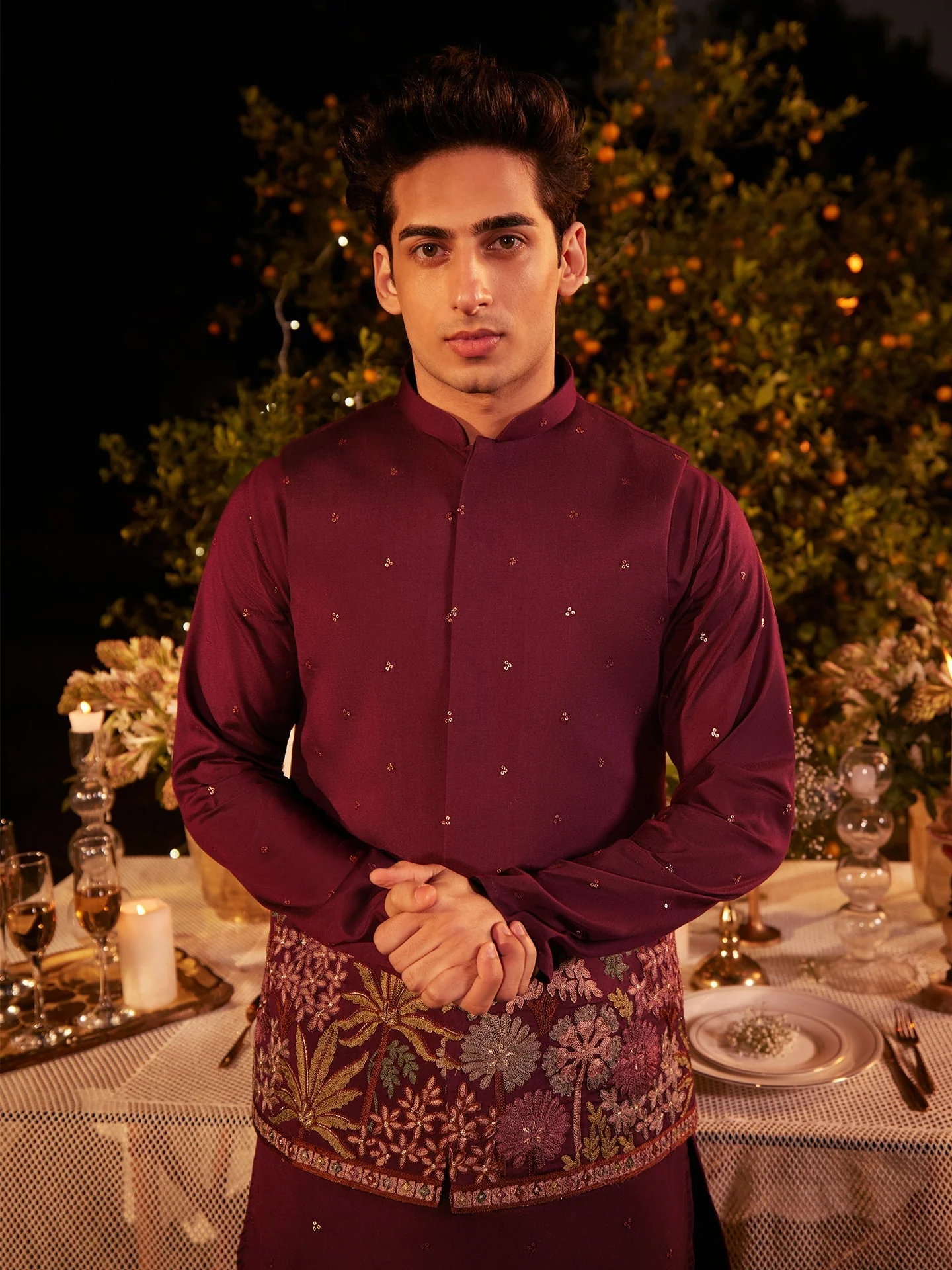 Wine Embroidered Floral Nehru Jacket - Image 10