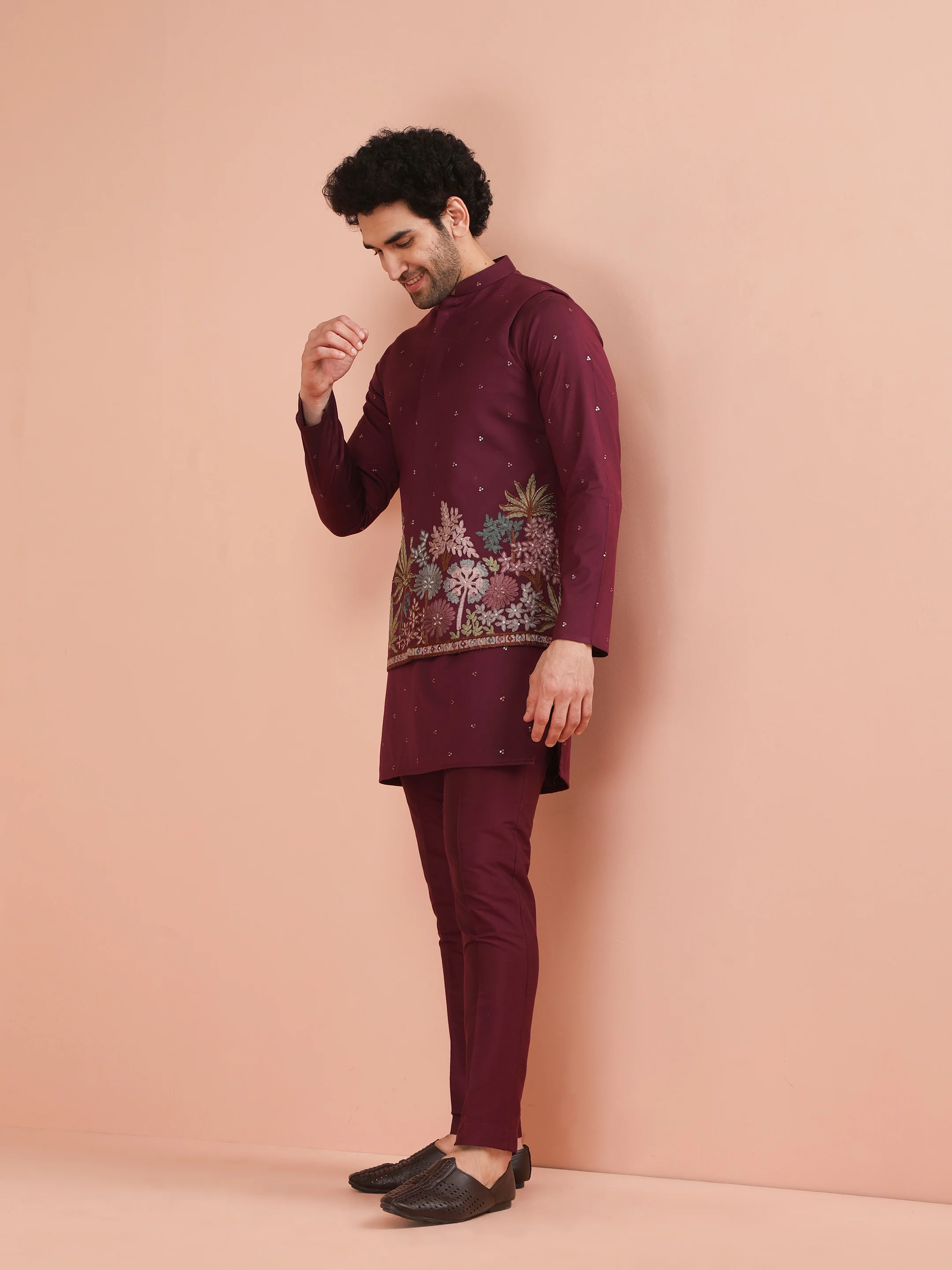 Wine Embroidered Floral Nehru Jacket - Image 4