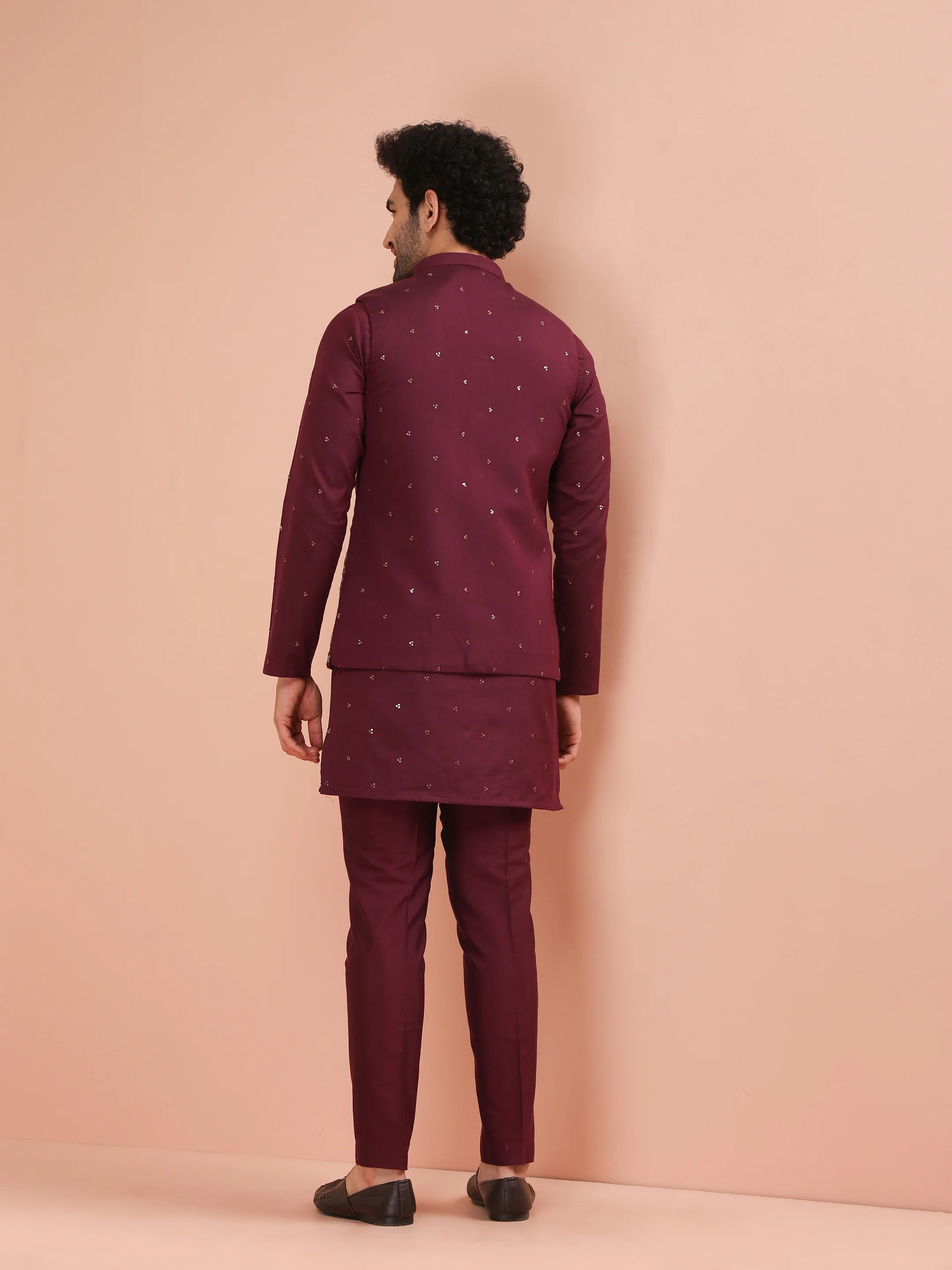 Wine Embroidered Floral Nehru Jacket - Image 5