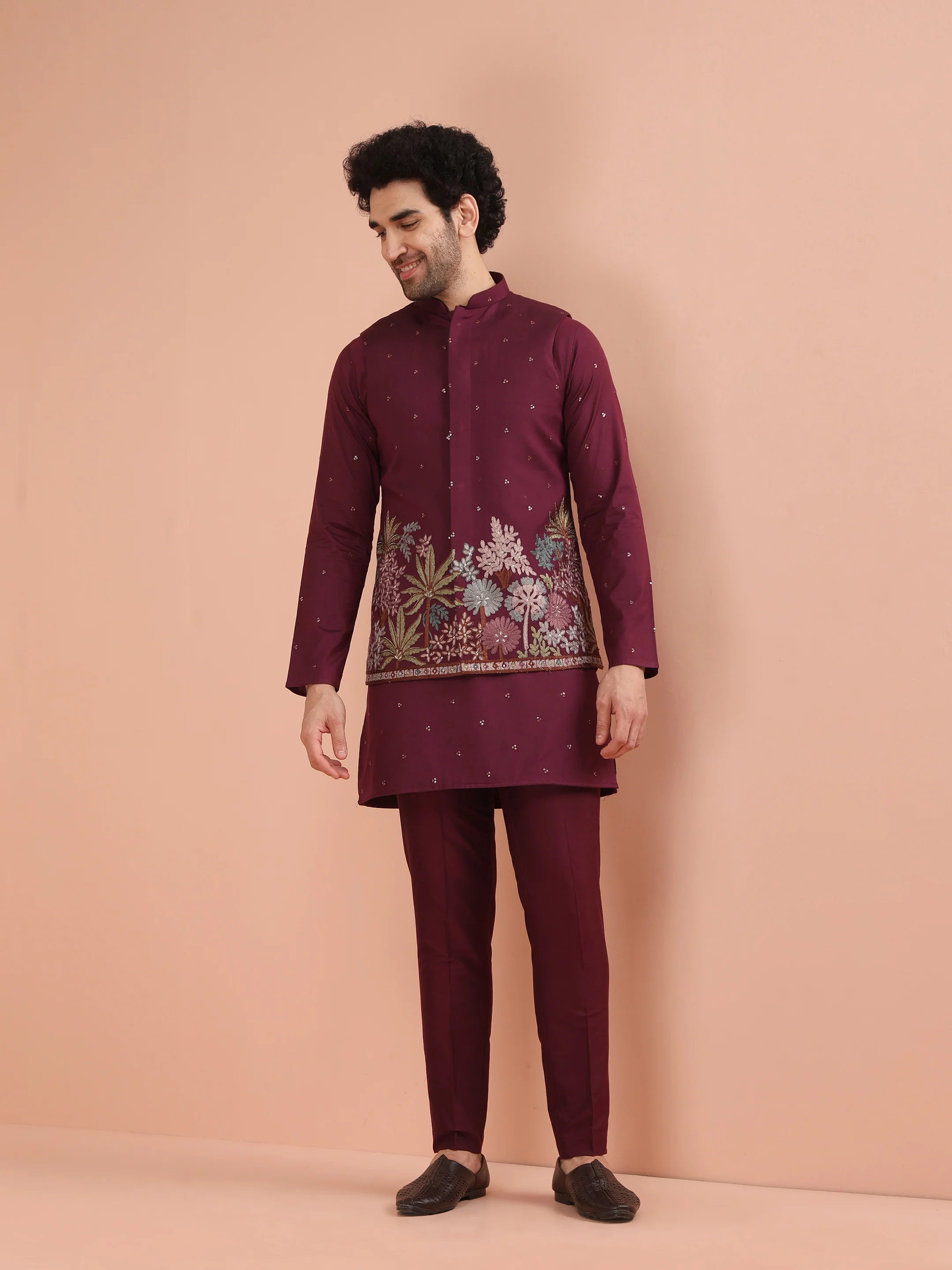 Wine Embroidered Floral Nehru Jacket - Image 7