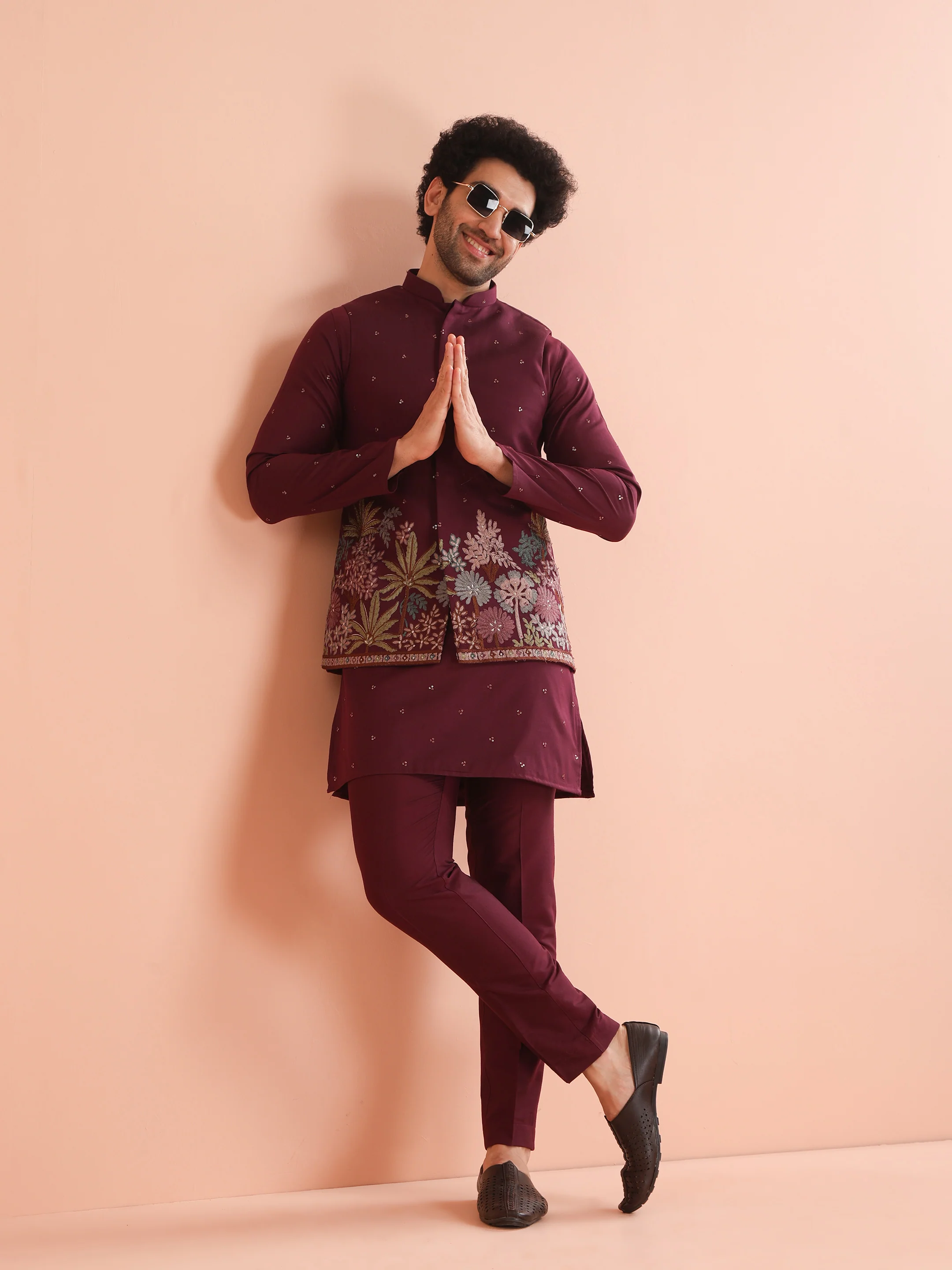 Wine Embroidered Floral Nehru Jacket - Image 8