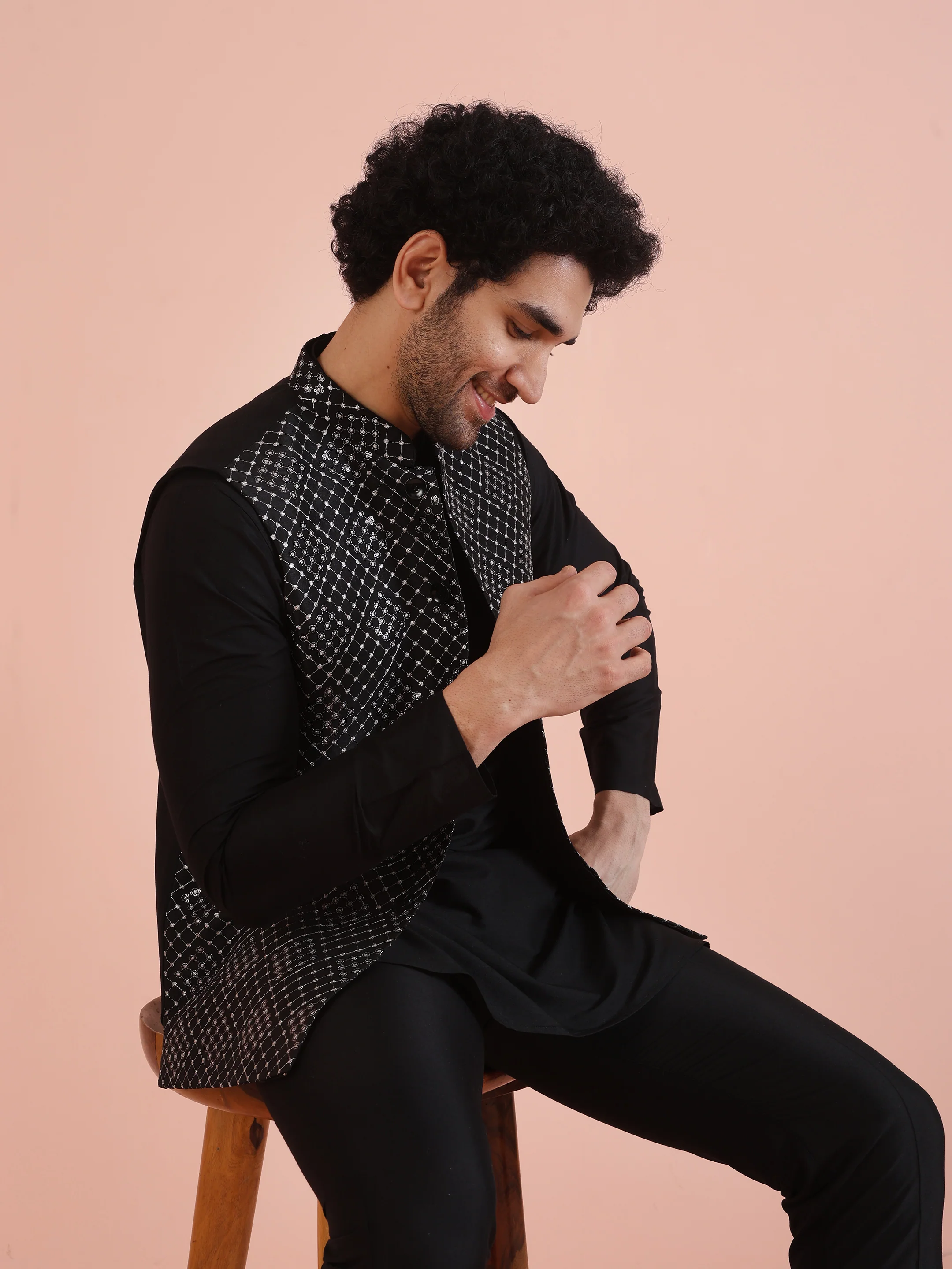 Black Embroidered Nehru Jacket Kurta Set - Image 7