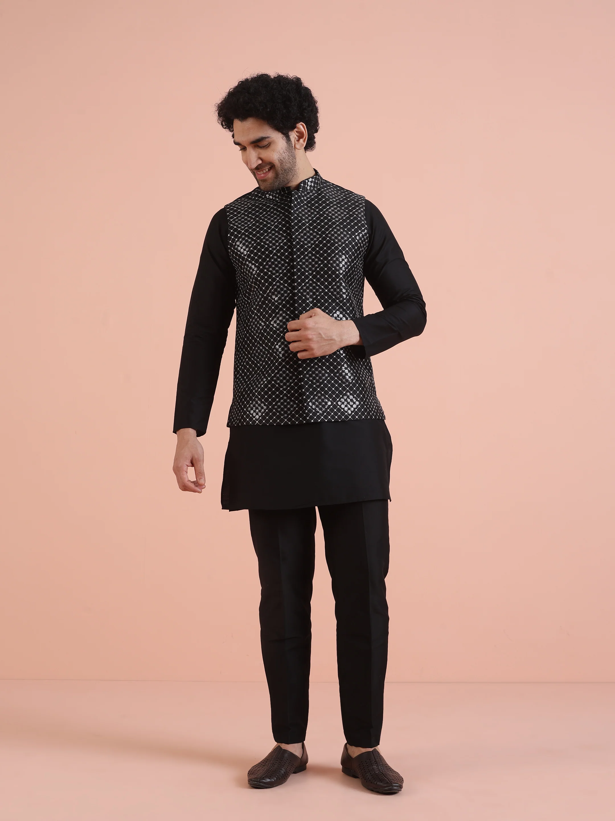 Black Embroidered Nehru Jacket Kurta Set - Image 8