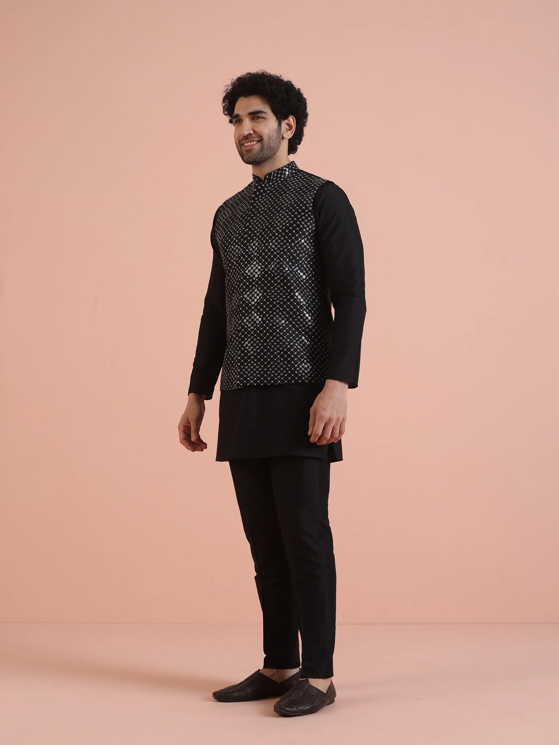Black Embroidered Nehru Jacket Kurta Set - Image 3