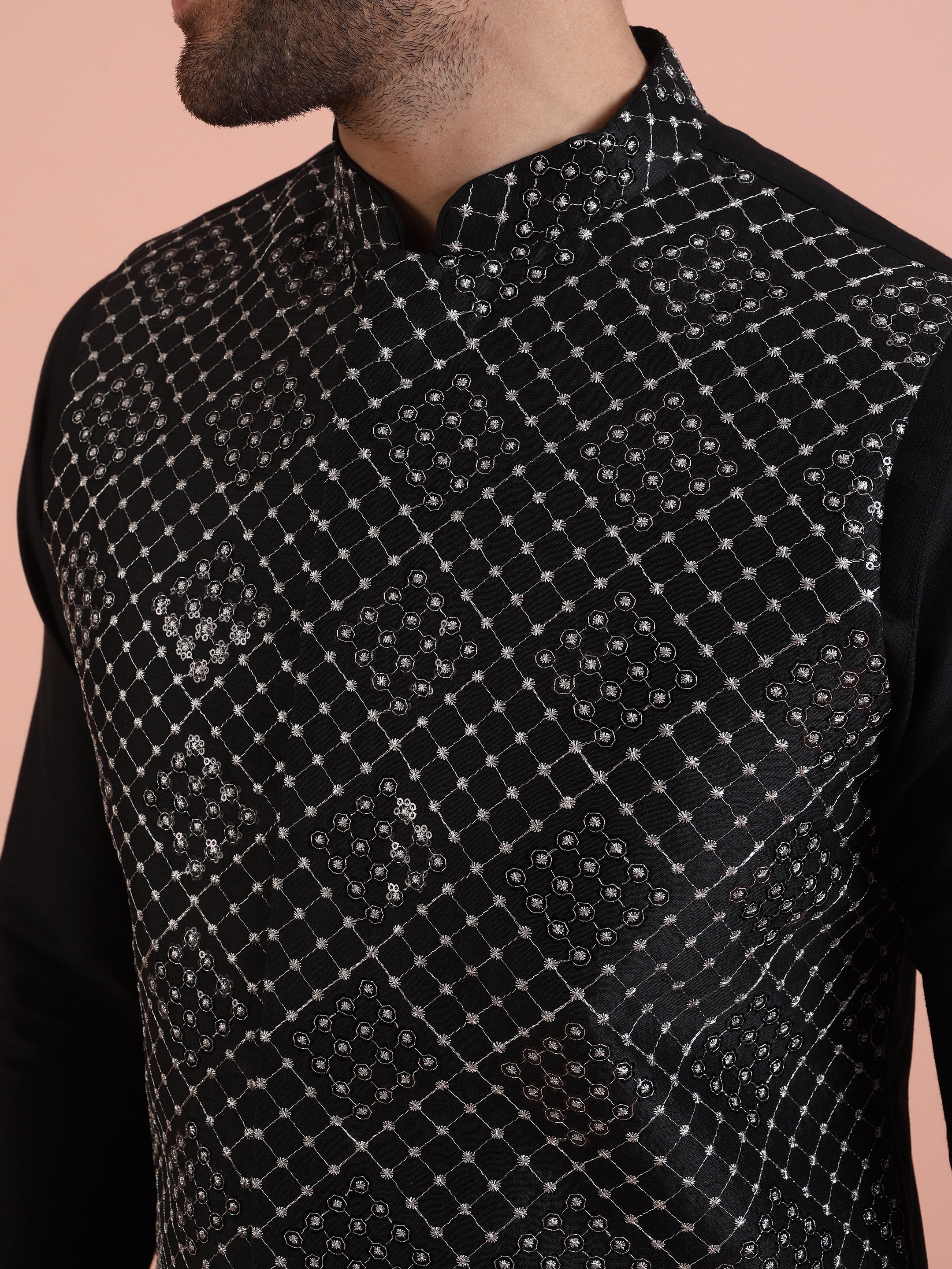 Black Embroidered Nehru Jacket Kurta Set - Image 4
