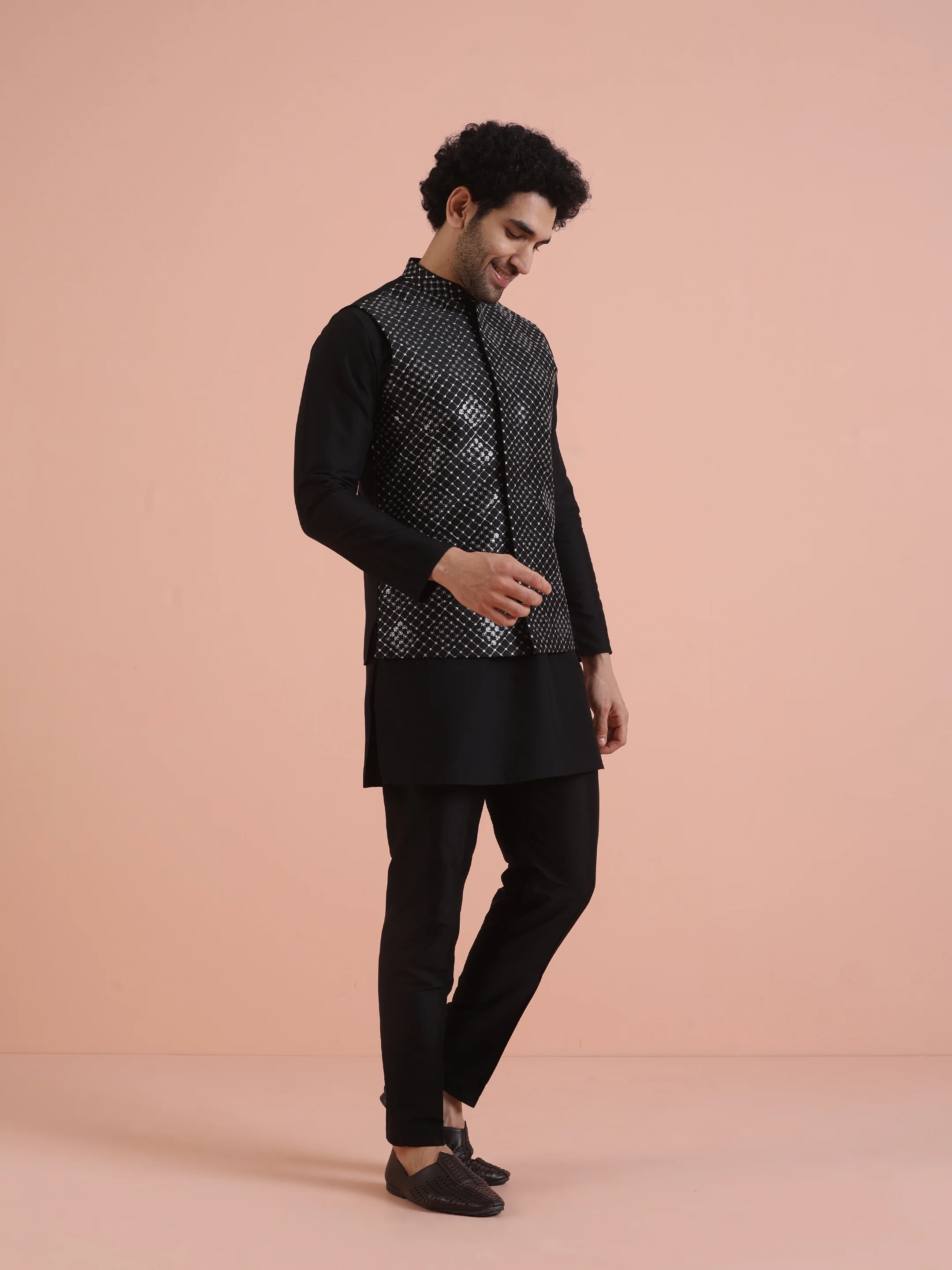 Black Embroidered Nehru Jacket Kurta Set - Image 2