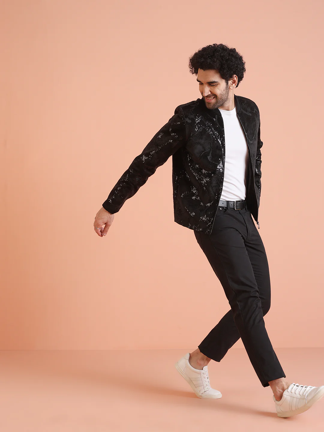 Men Black Abstract Bomber Jacket with Sequence - Image 2