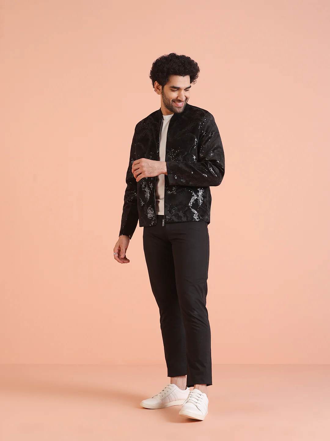 Men Black Abstract Bomber Jacket with Sequence - Image 3