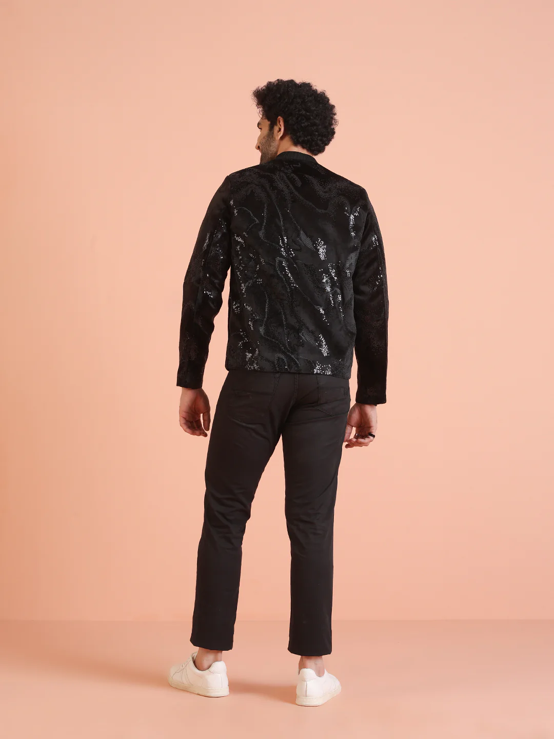 Men Black Abstract Bomber Jacket with Sequence - Image 4