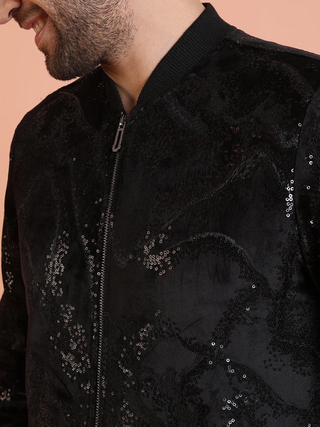 Men Black Abstract Bomber Jacket with Sequence - Image 5