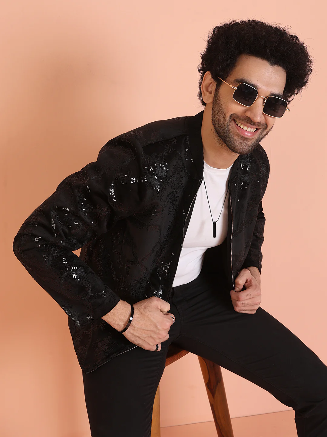 Men Black Abstract Bomber Jacket with Sequence - Image 8