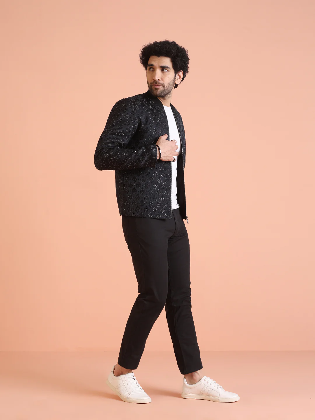 Men Black Woven Design Bomber Jacket with Ethnic Motifs - Image 3