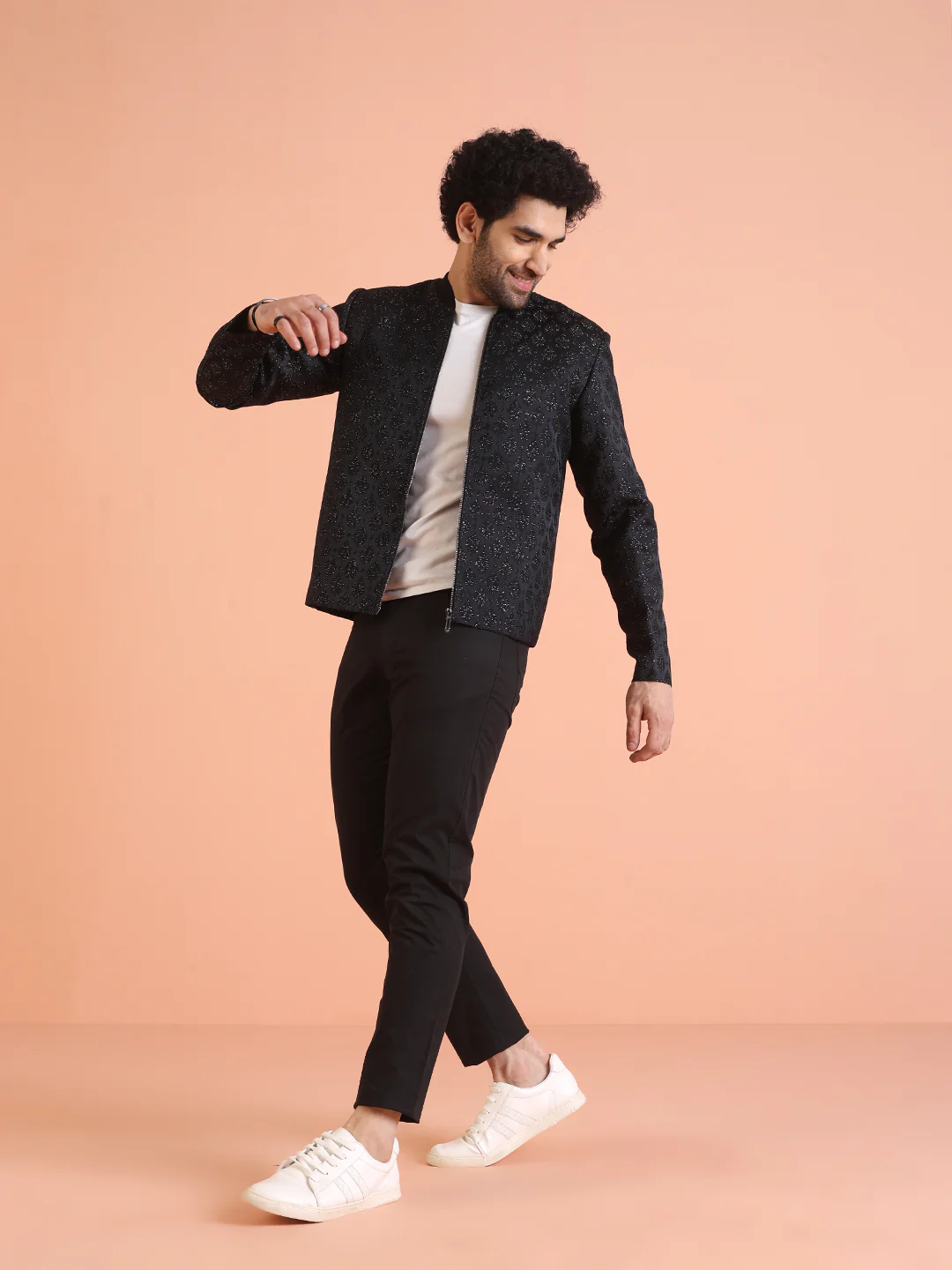 Men Black Woven Design Bomber Jacket with Ethnic Motifs - Image 4