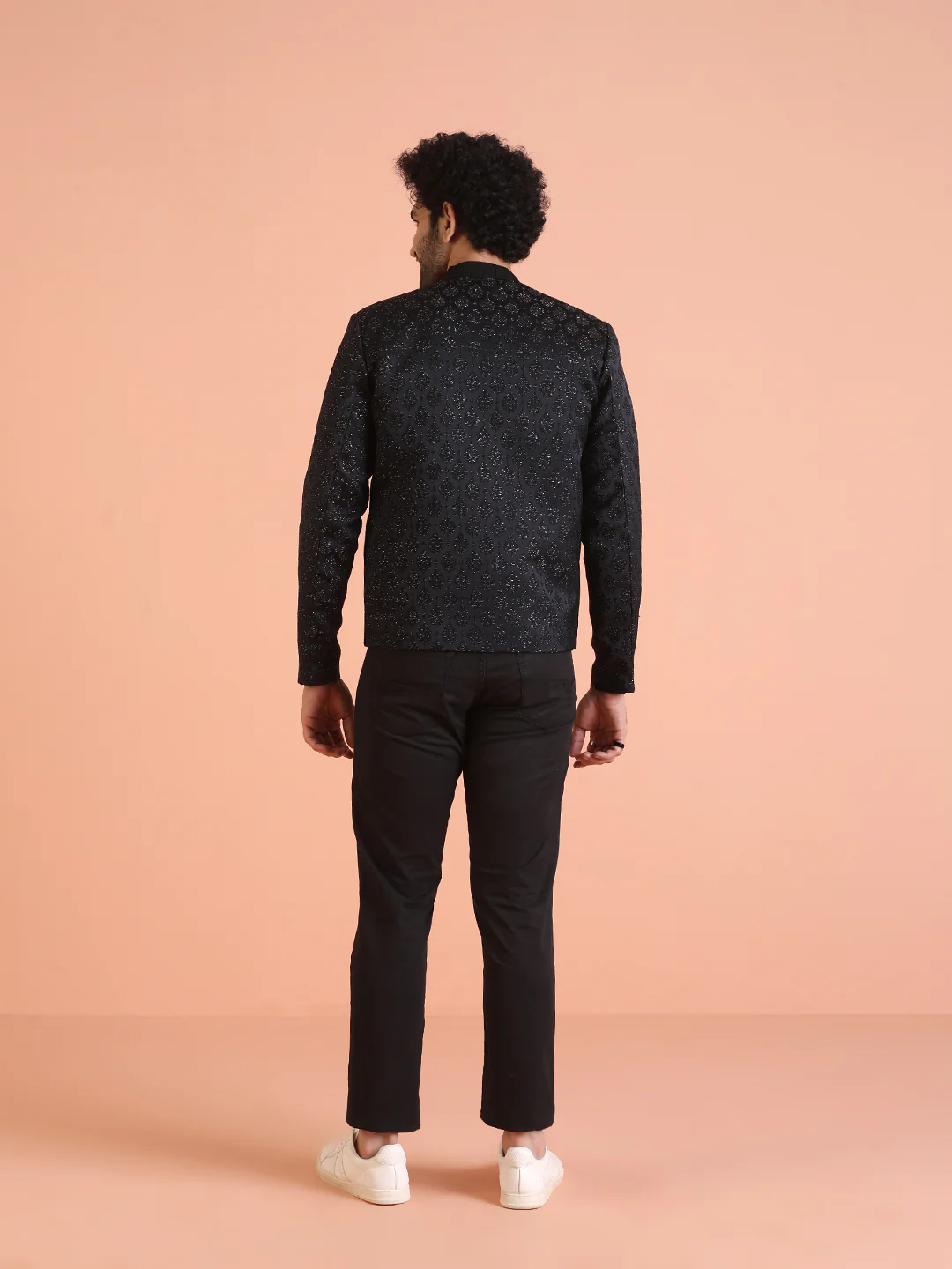 Men Black Woven Design Bomber Jacket with Ethnic Motifs - Image 5