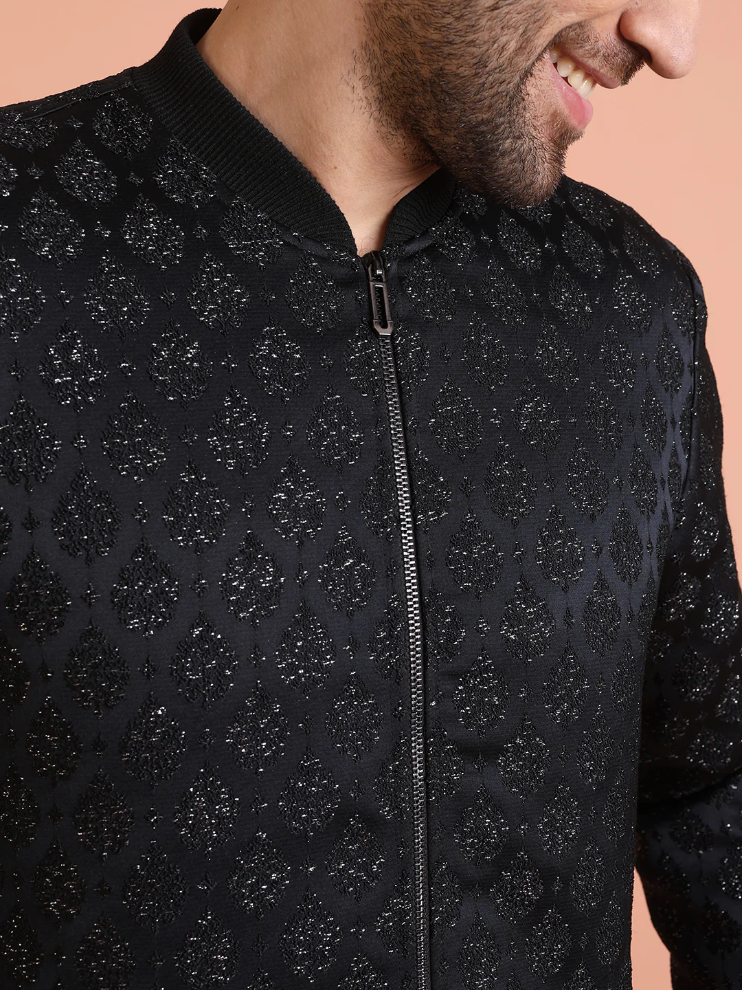Men Black Woven Design Bomber Jacket with Ethnic Motifs - Image 6