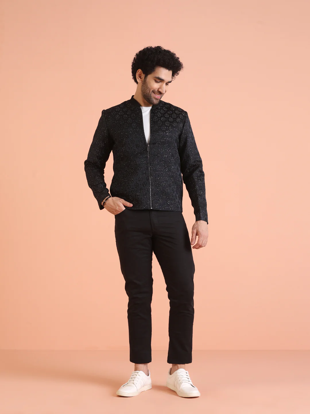 Men Black Woven Design Bomber Jacket with Ethnic Motifs - Image 7