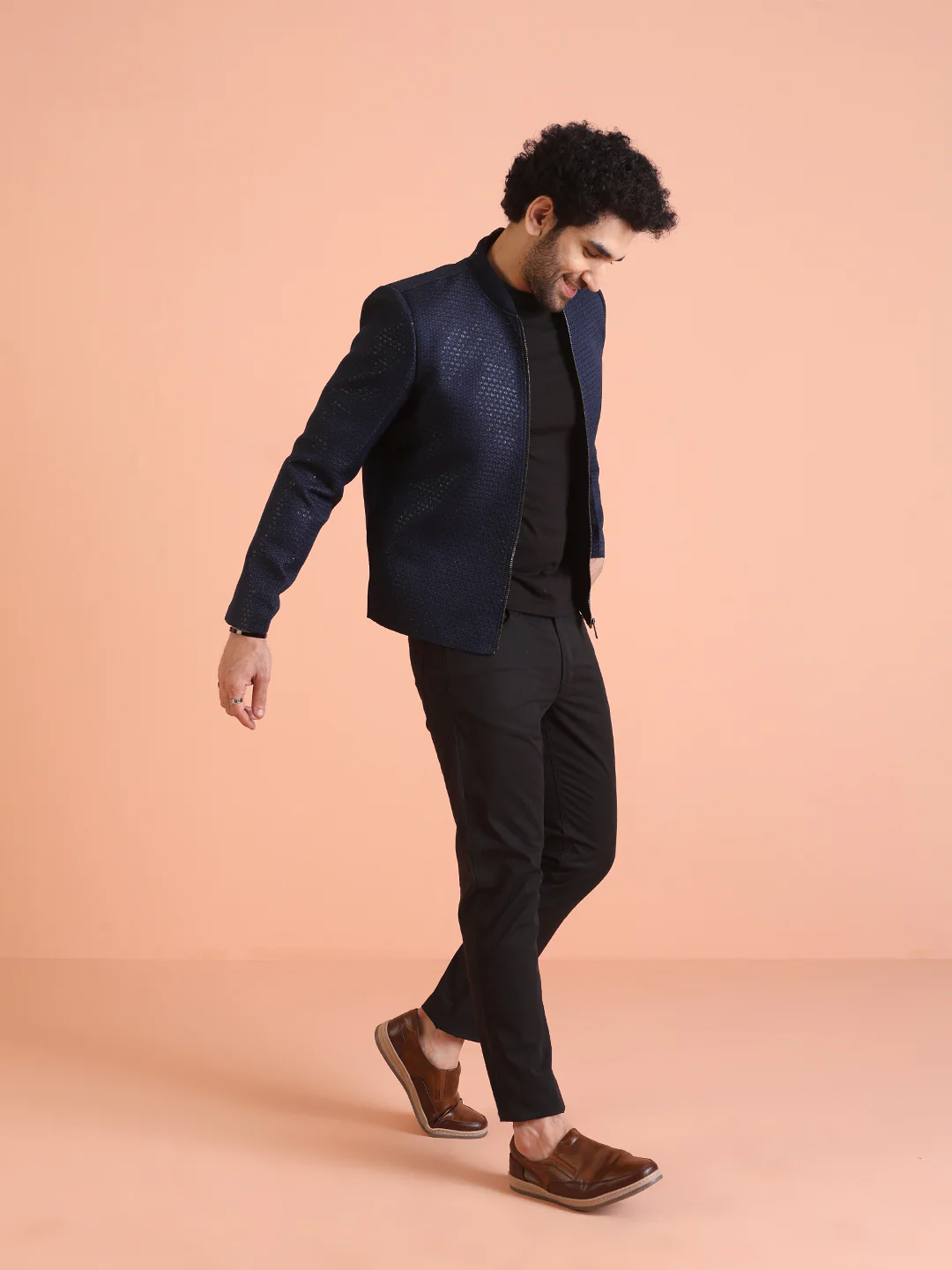 Men Navy Blue Woven Design Bomber Jacket with Sequence - Image 3