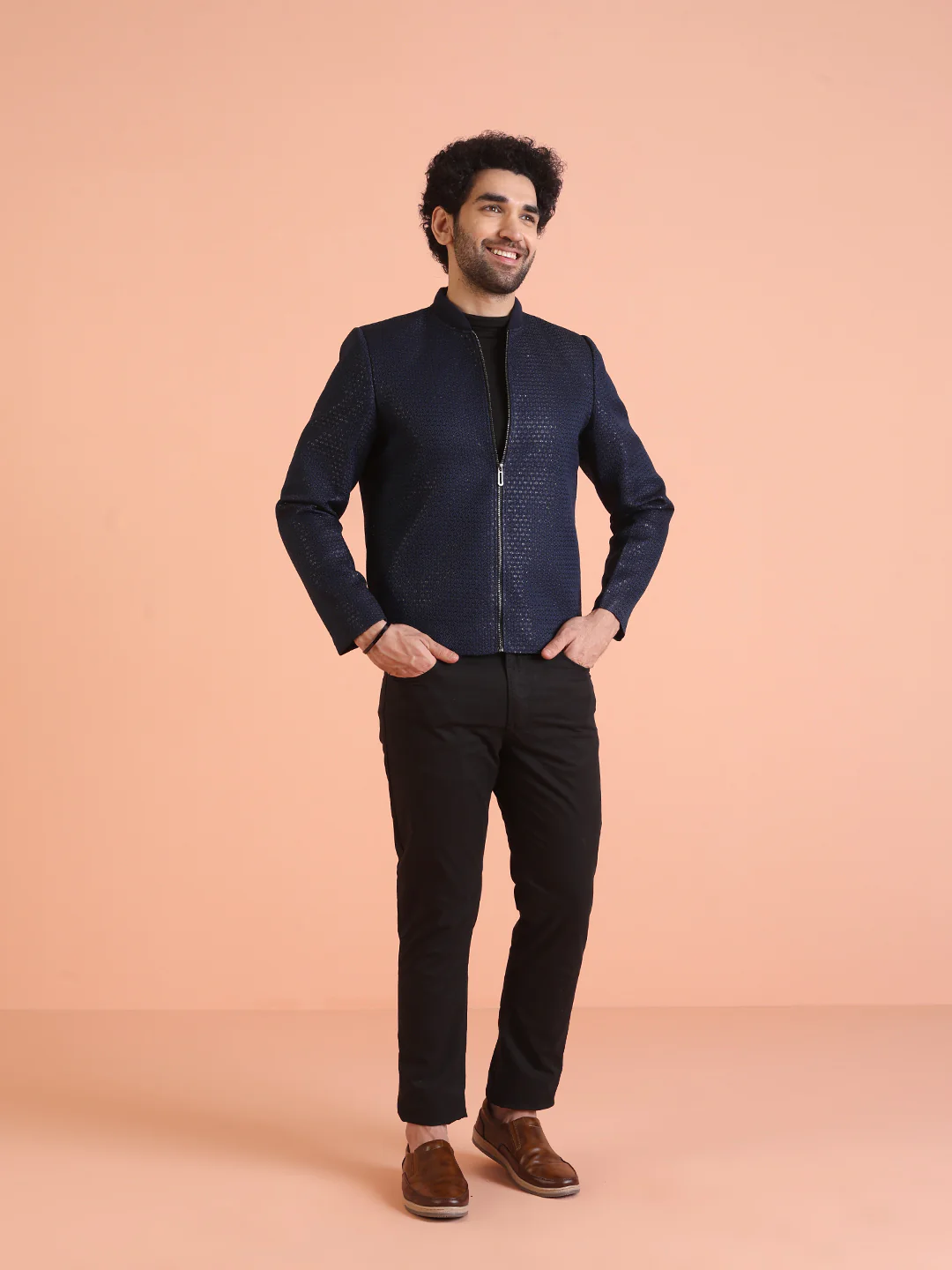 Men Navy Blue Woven Design Bomber Jacket with Sequence - Image 7