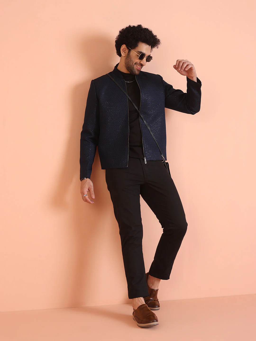 Men Navy Blue Woven Design Bomber Jacket with Sequence - Image 8