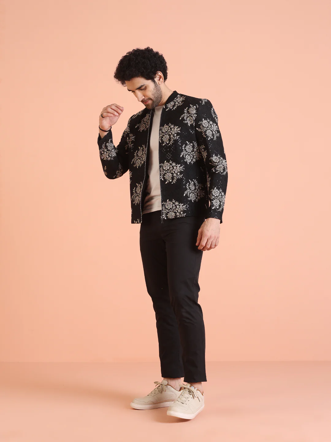 Men Black Embroidered Bomber Jacket with Thread Work - Image 3