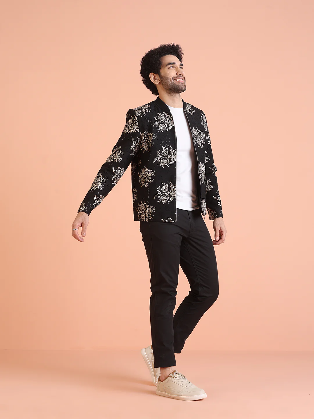 Men Black Embroidered Bomber Jacket with Thread Work - Image 4