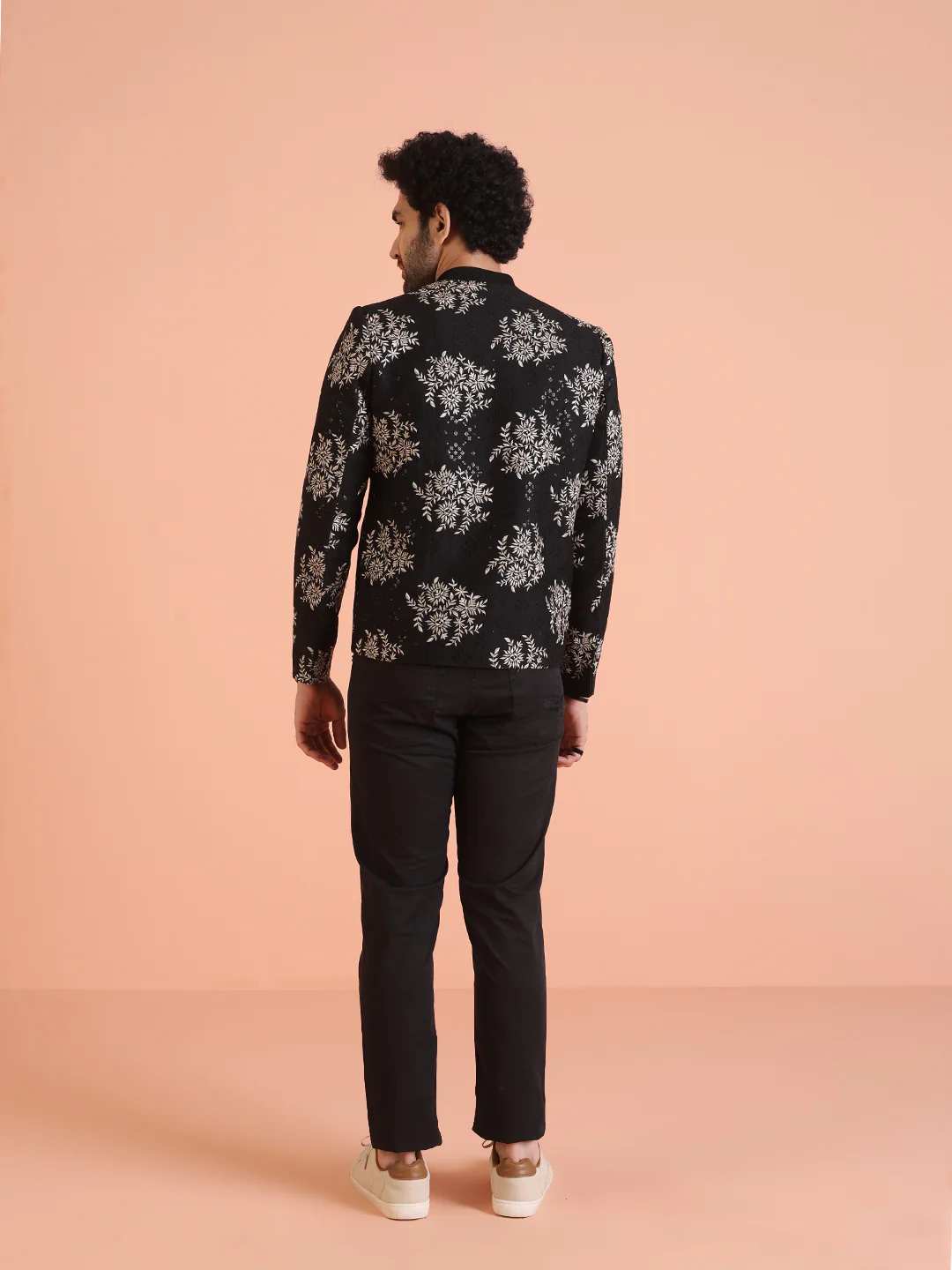 Men Black Embroidered Bomber Jacket with Thread Work - Image 5