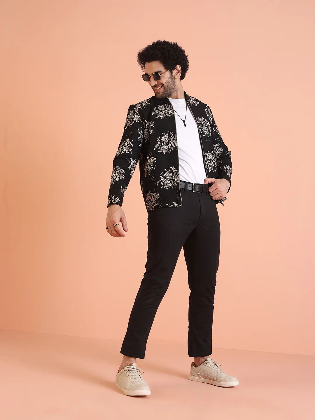Men Black Embroidered Bomber Jacket with Thread Work - Image 8