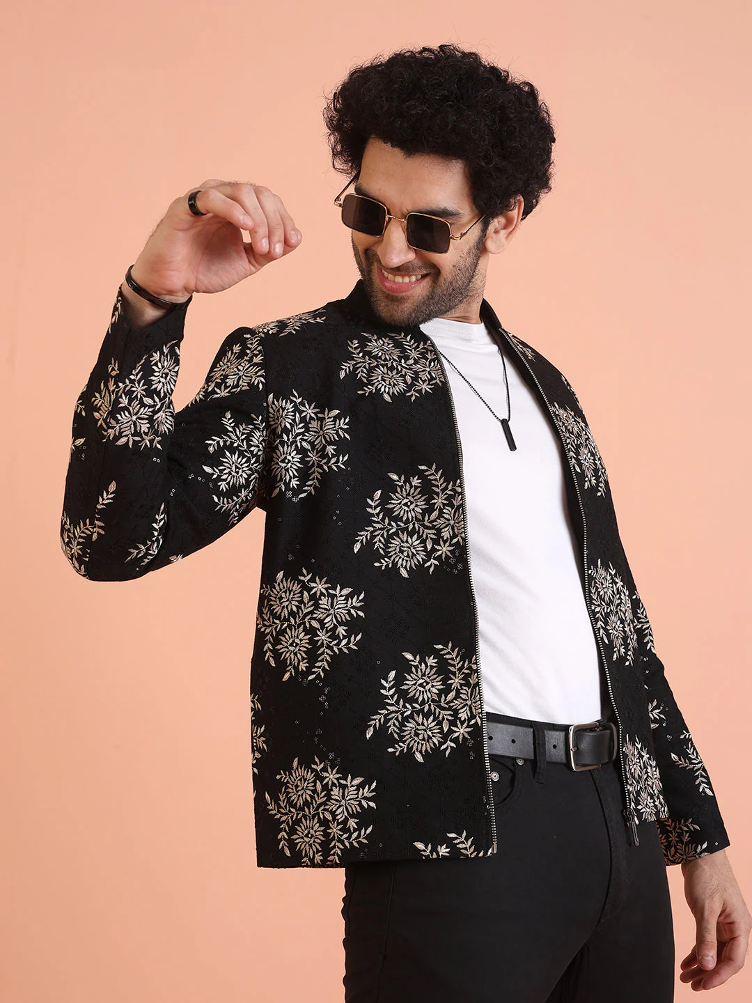 Men Black Embroidered Bomber Jacket with Thread Work - Image 9